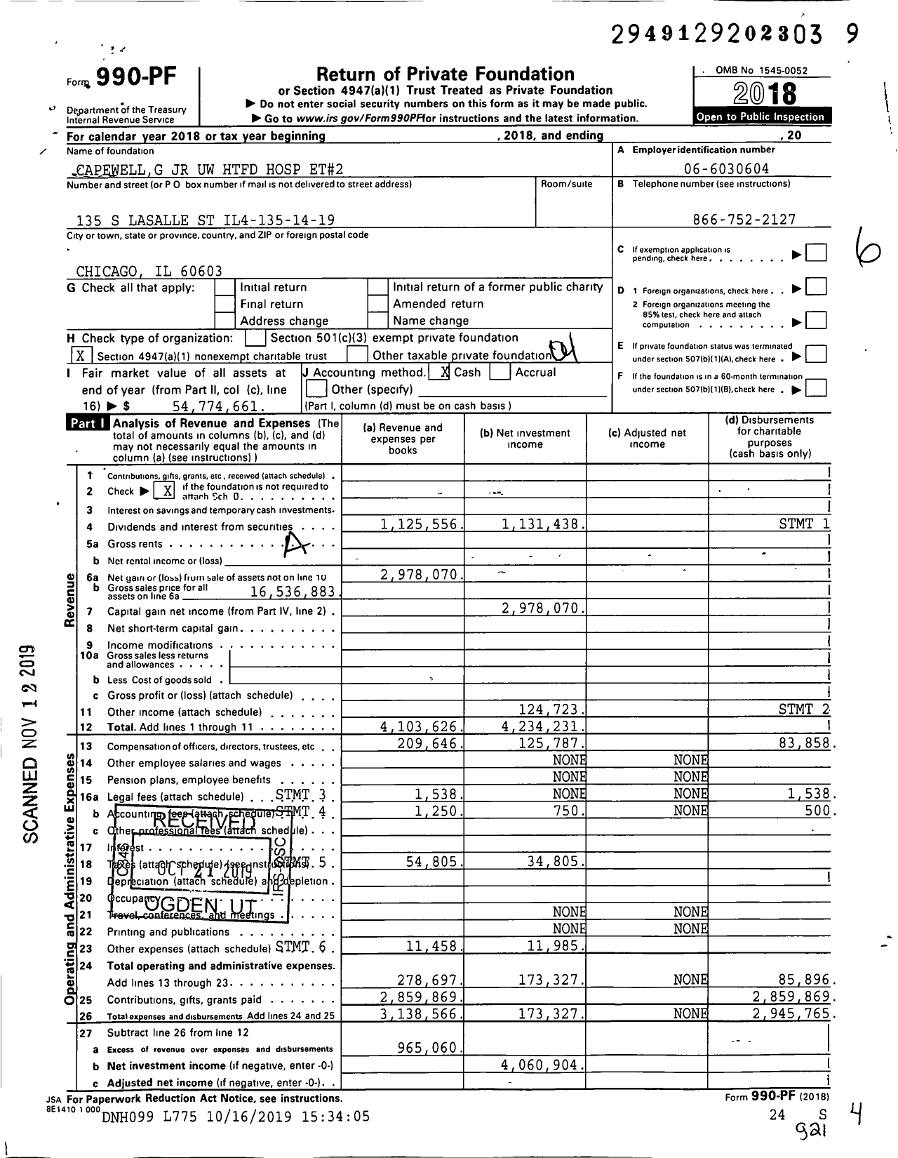 Image of first page of 2018 Form 990PF for Capewellg JR Uw HTFD Hospital Et#2