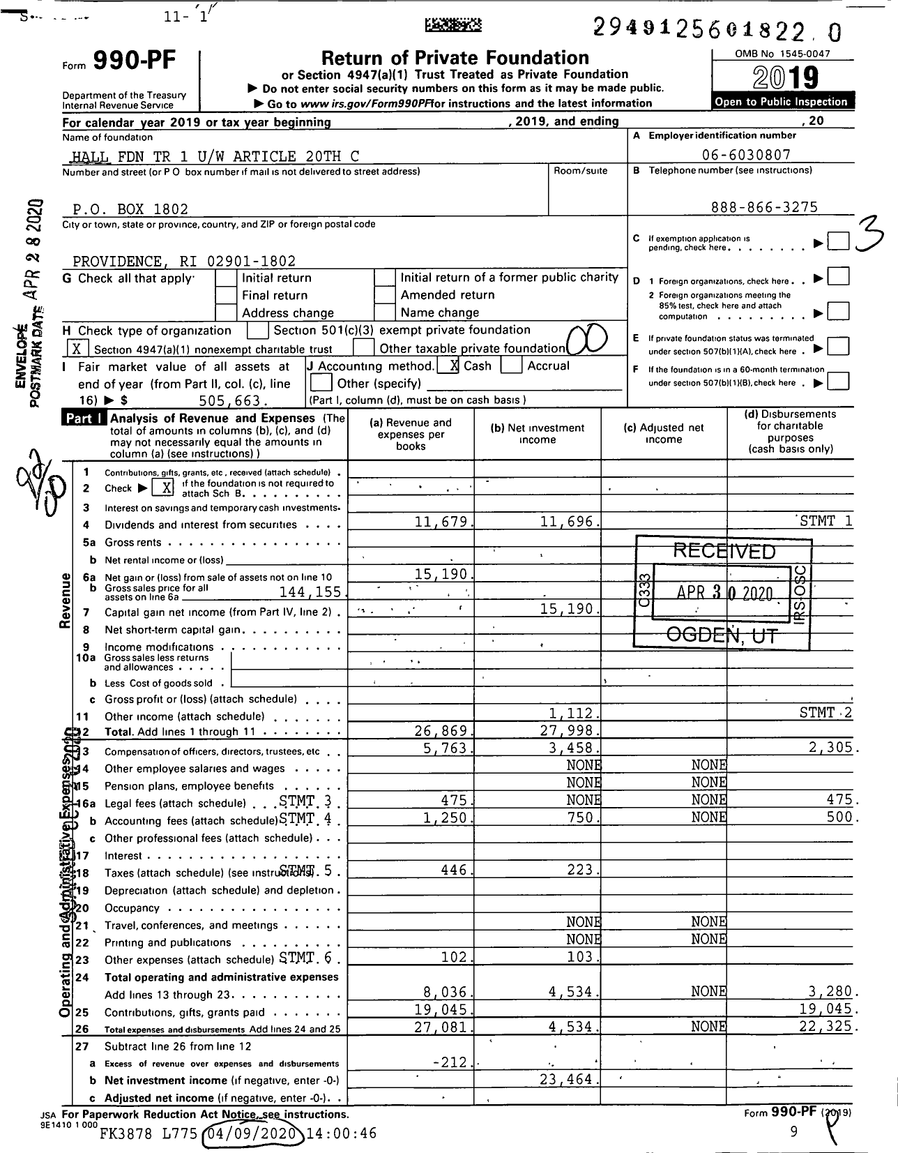 Image of first page of 2019 Form 990PR for Hall Foundation TR 1 Uw Article 20th C