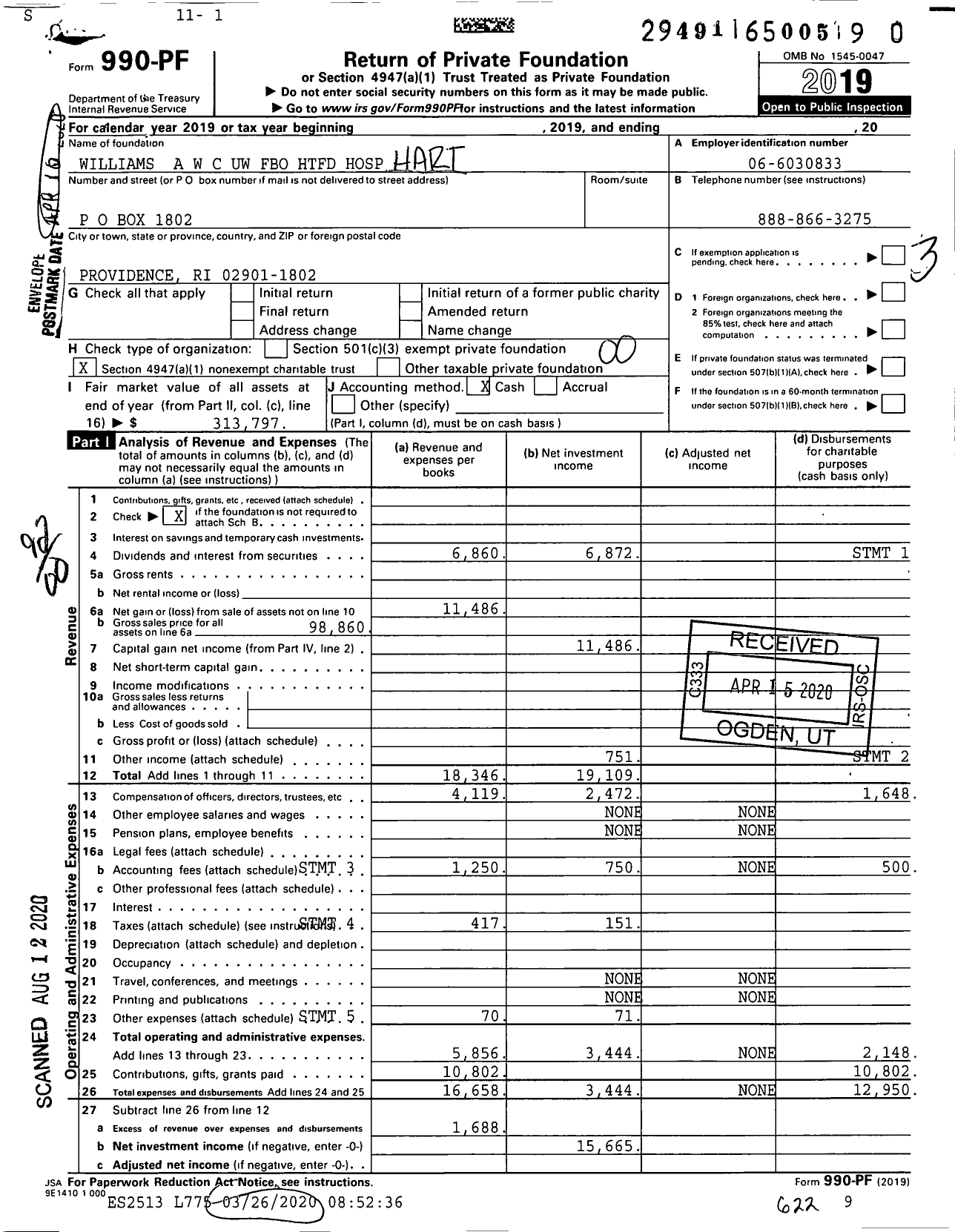 Image of first page of 2019 Form 990PR for Williams A W C Uw Fbo HTFD Hospital