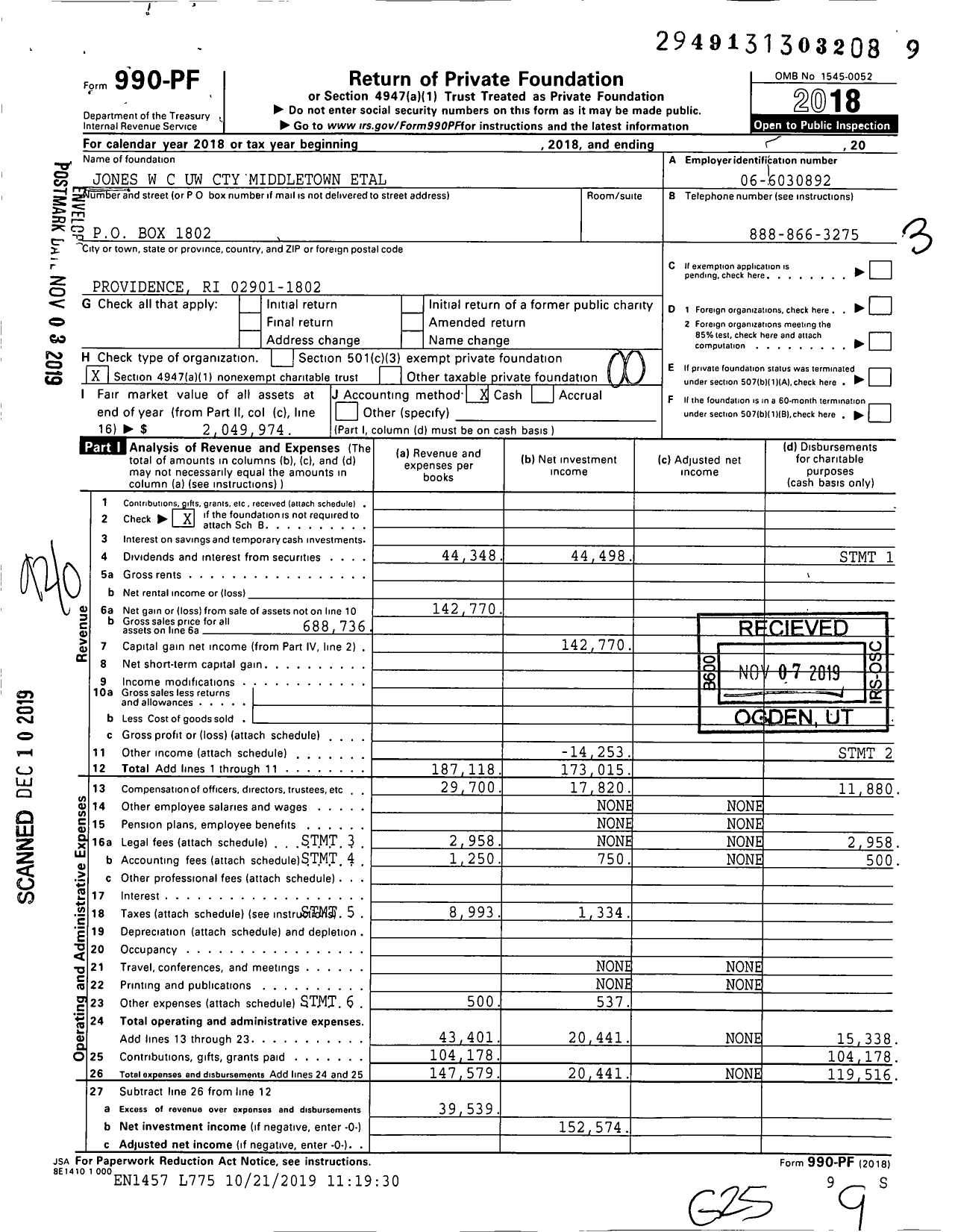 Image of first page of 2018 Form 990PF for Jones W C Uw Cty Middletown Etal