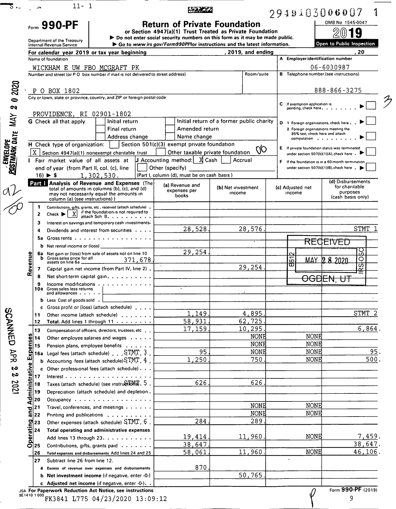 Image of first page of 2019 Form 990PF for Mcgraft Park Trust Nect Uw