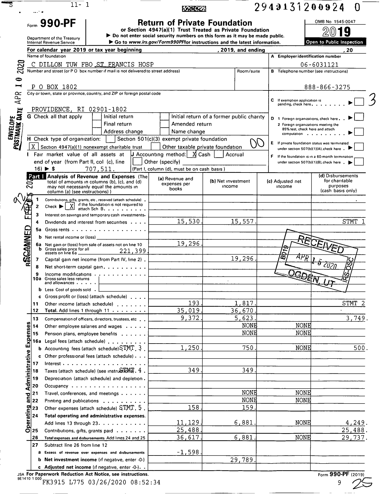 Image of first page of 2019 Form 990PF for C Dillon Tuw Fbo St Francis Hospital