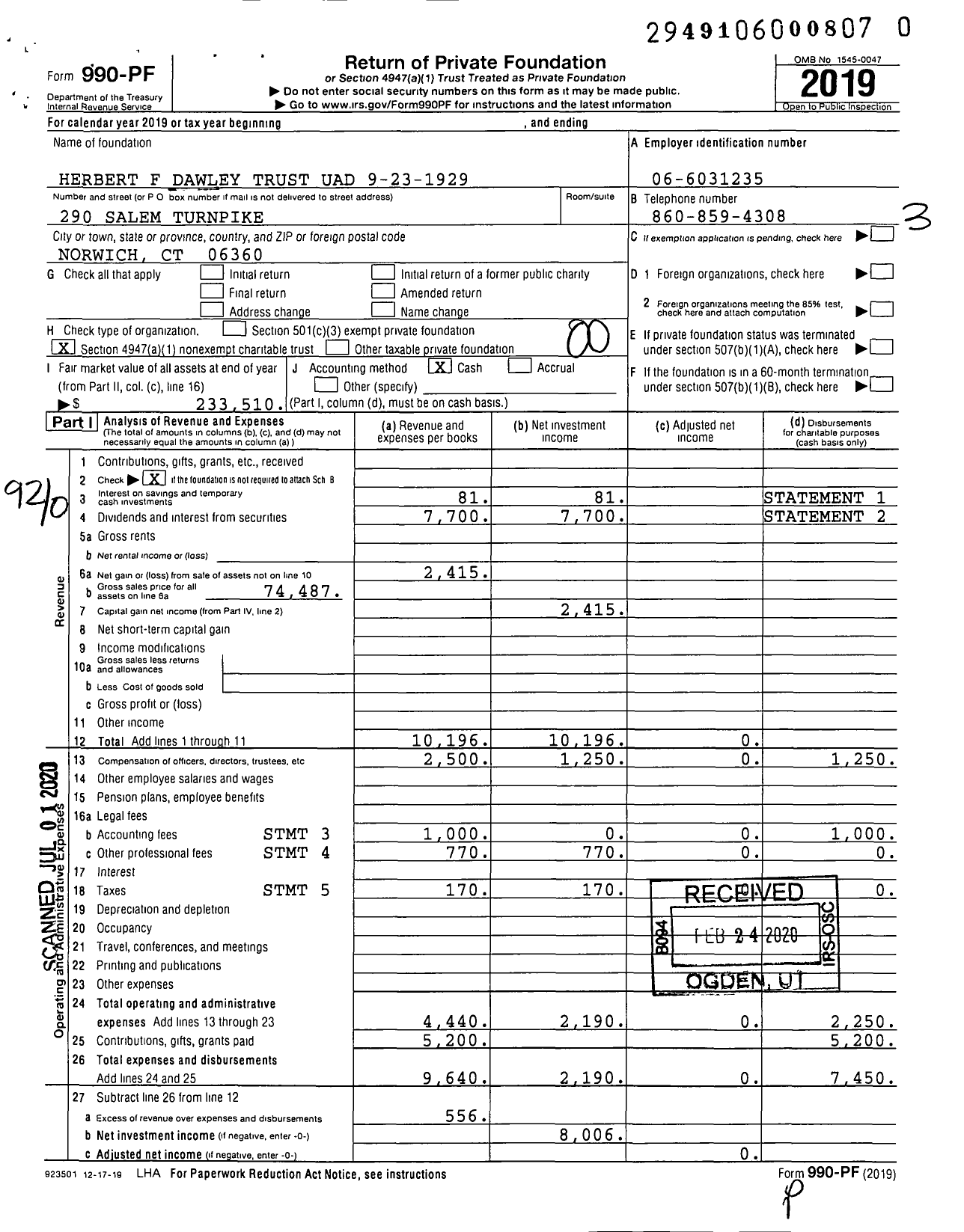 Image of first page of 2019 Form 990PR for Herbert F Dawley Trust Uad 9-23-1929