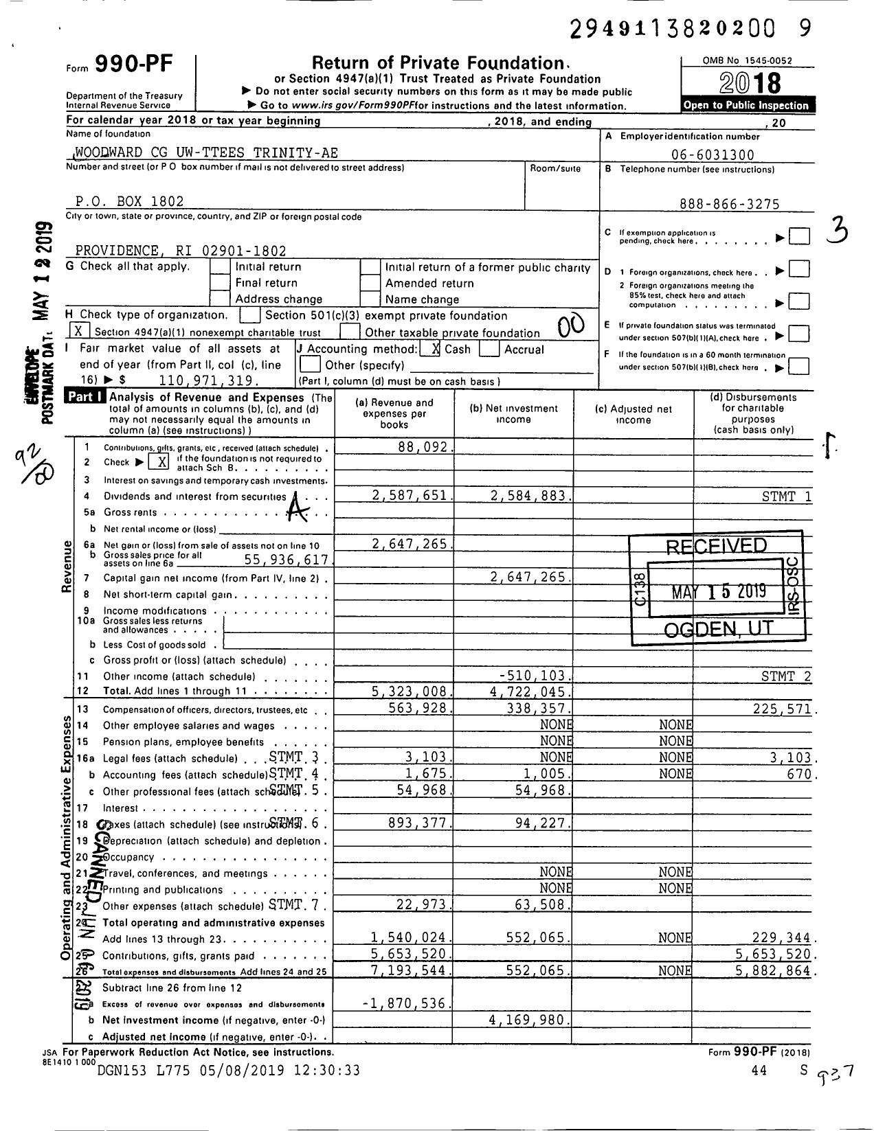 Image of first page of 2018 Form 990PF for Woodward CG Uw-Ttees Trinity-Ae