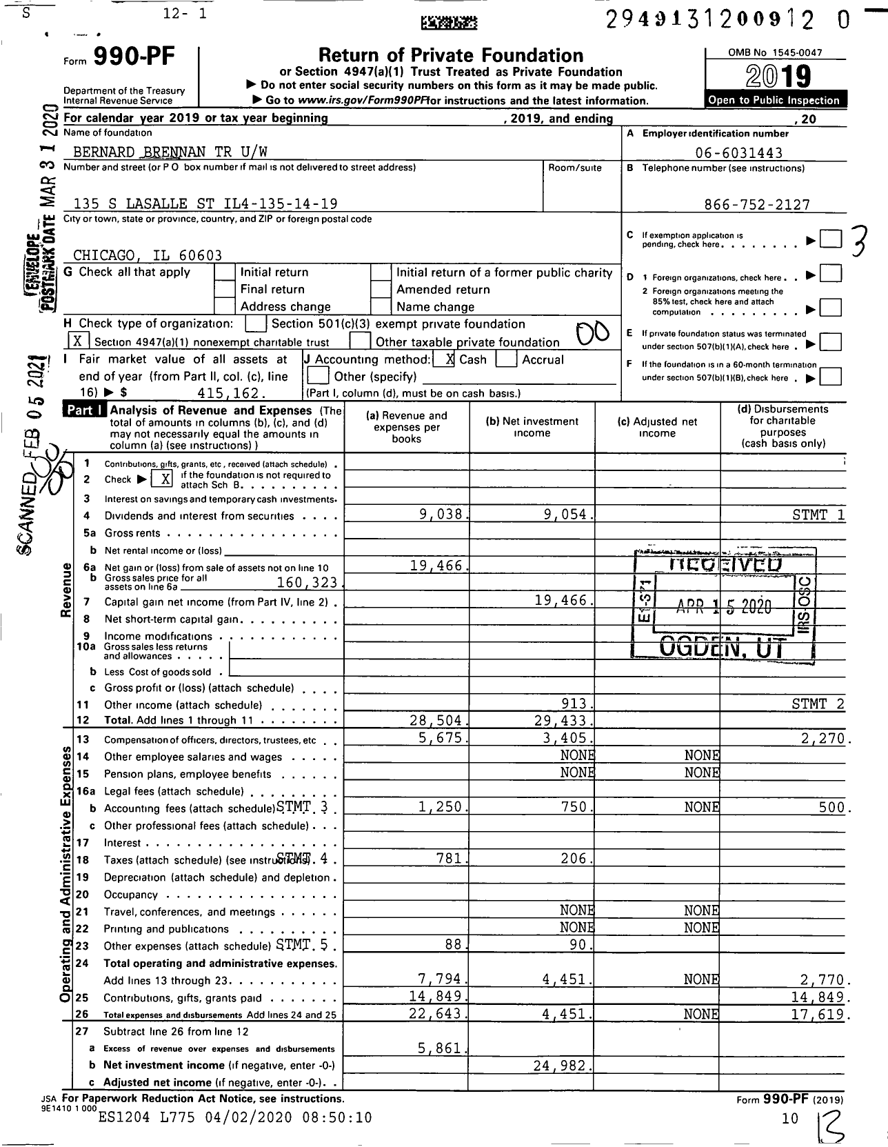 Image of first page of 2019 Form 990PF for Bernard Brennan TR Uw