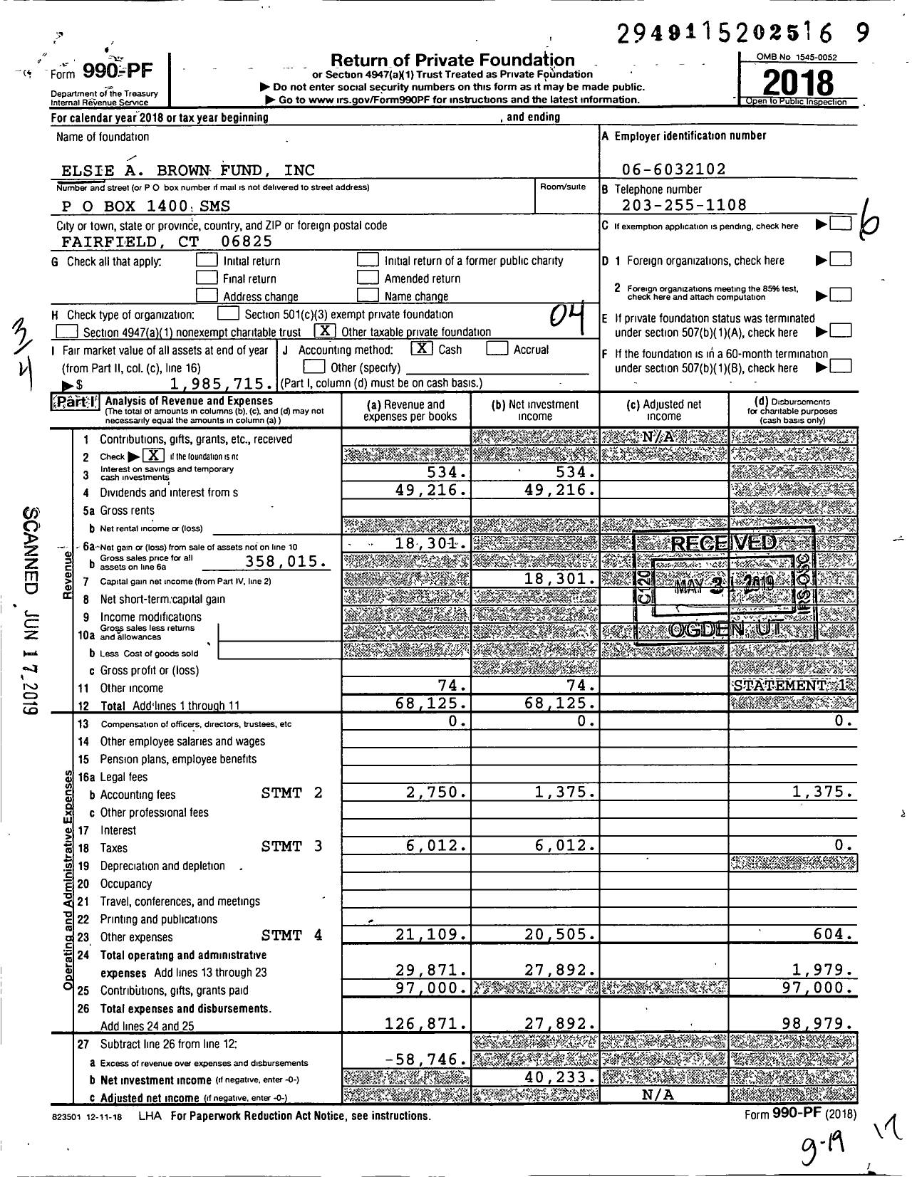 Image of first page of 2018 Form 990PF for Elsie A Brown Fund