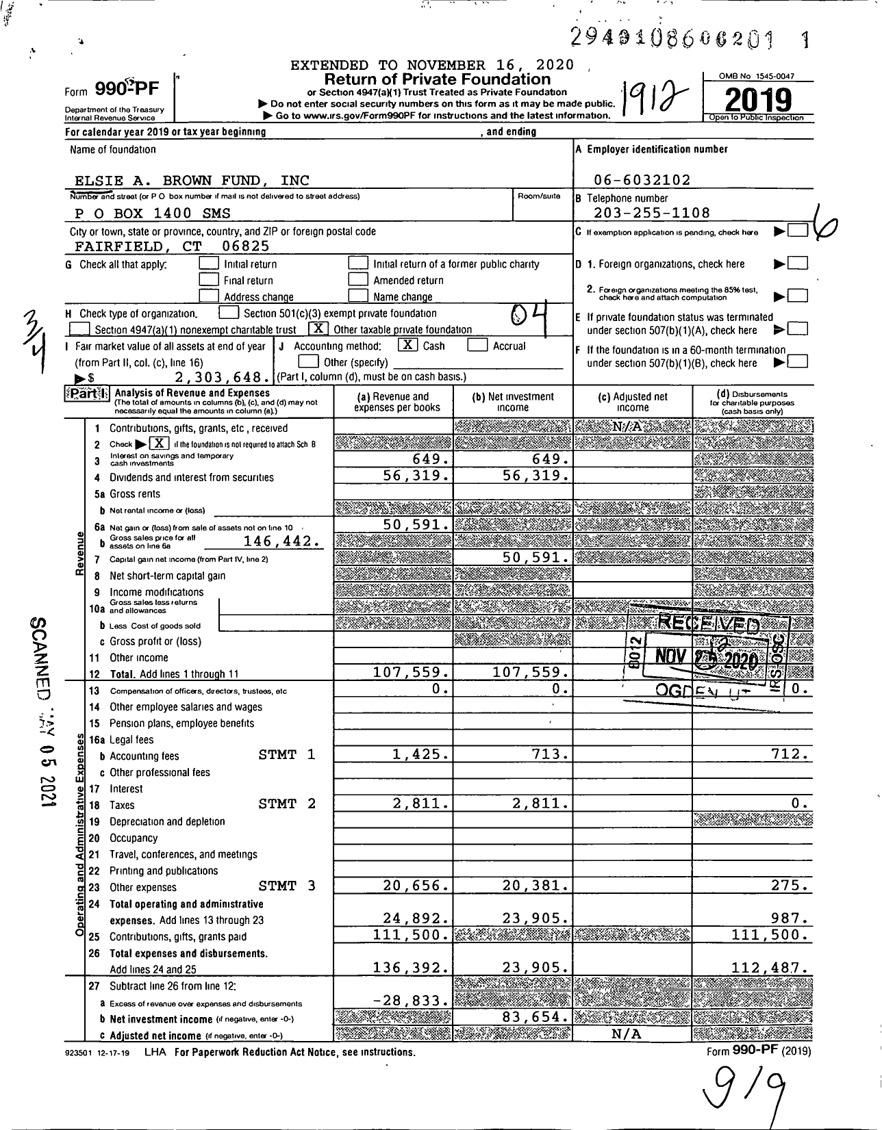 Image of first page of 2019 Form 990PF for Elsie A Brown Fund