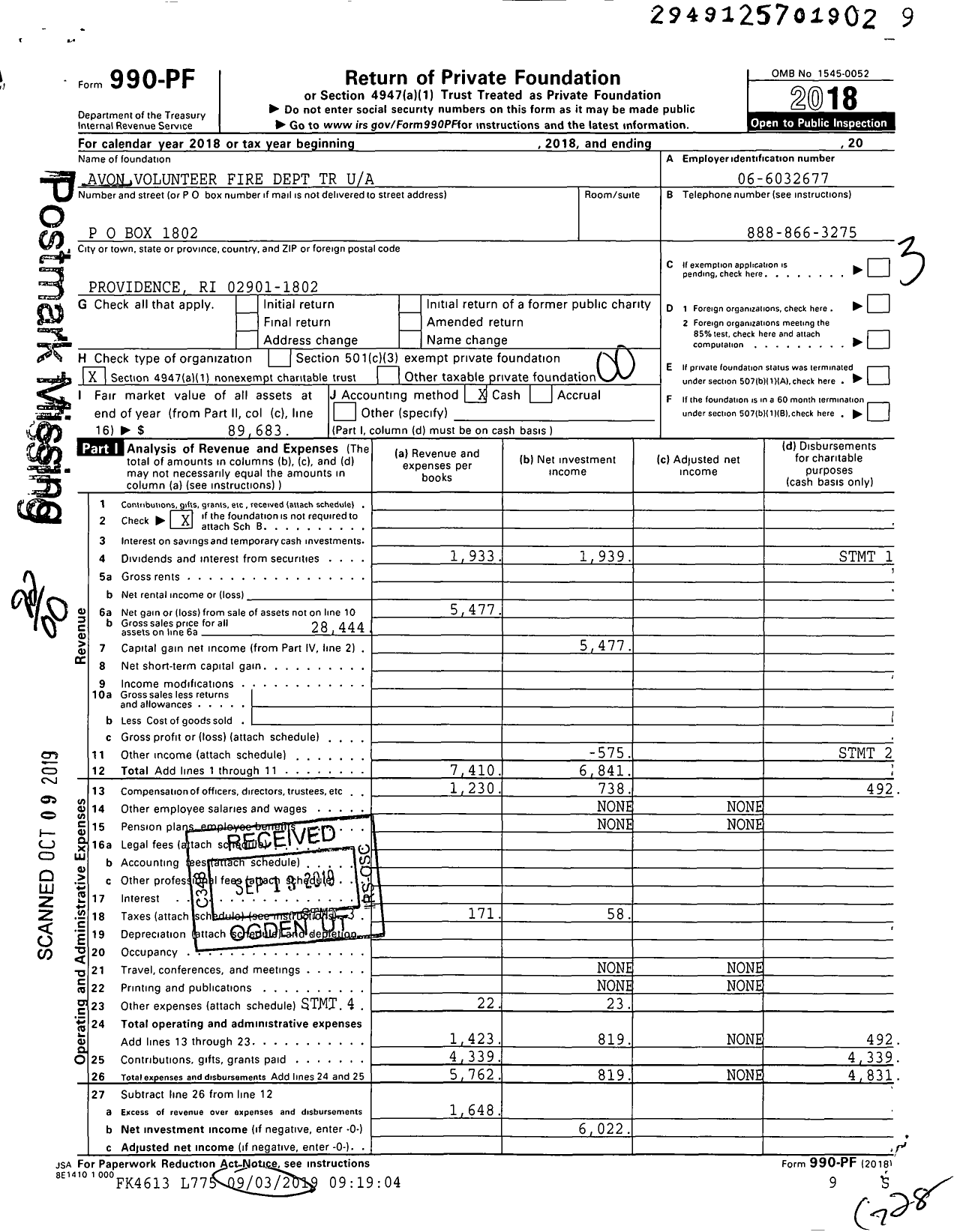 Image of first page of 2018 Form 990PF for Avon Volunteer Fire Dept Trust