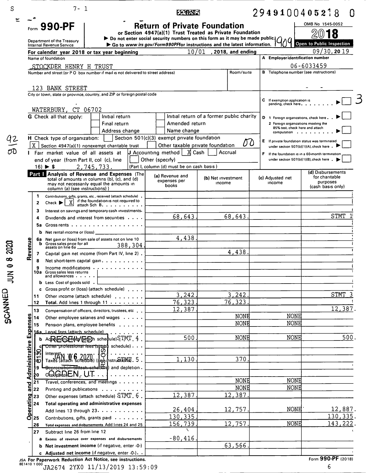 Image of first page of 2018 Form 990PR for Stockder Henry H Trust