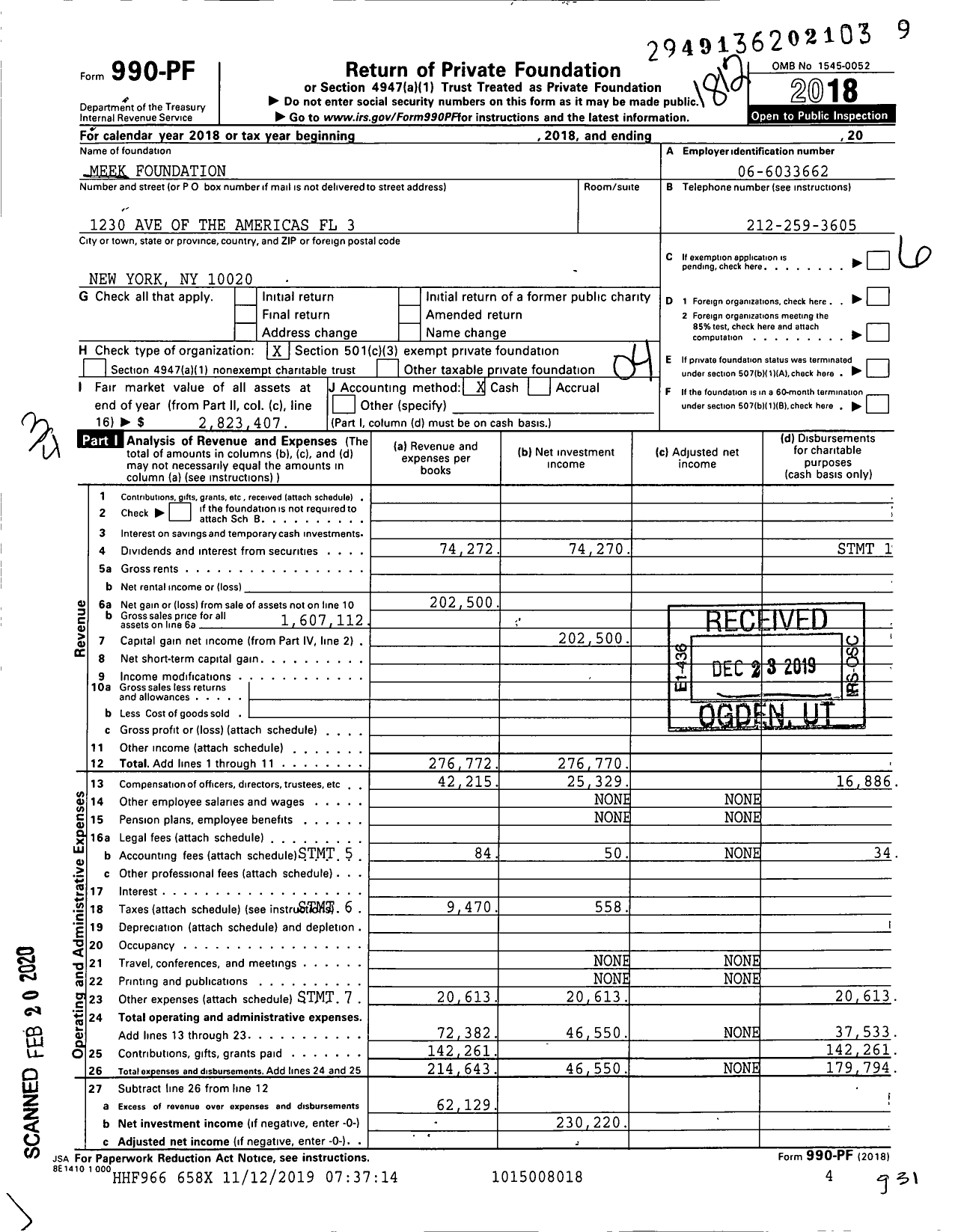 Image of first page of 2018 Form 990PF for Meek Foundation