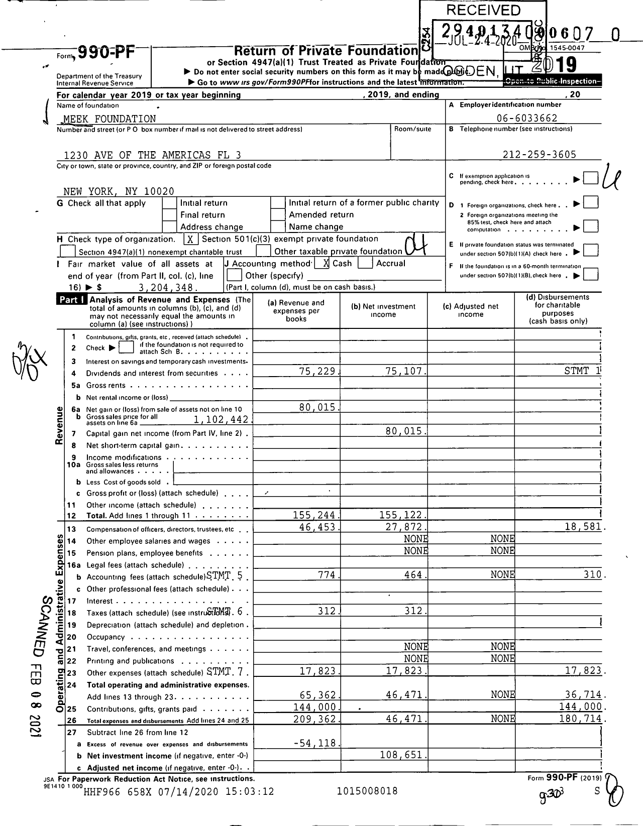 Image of first page of 2019 Form 990PF for Meek Foundation