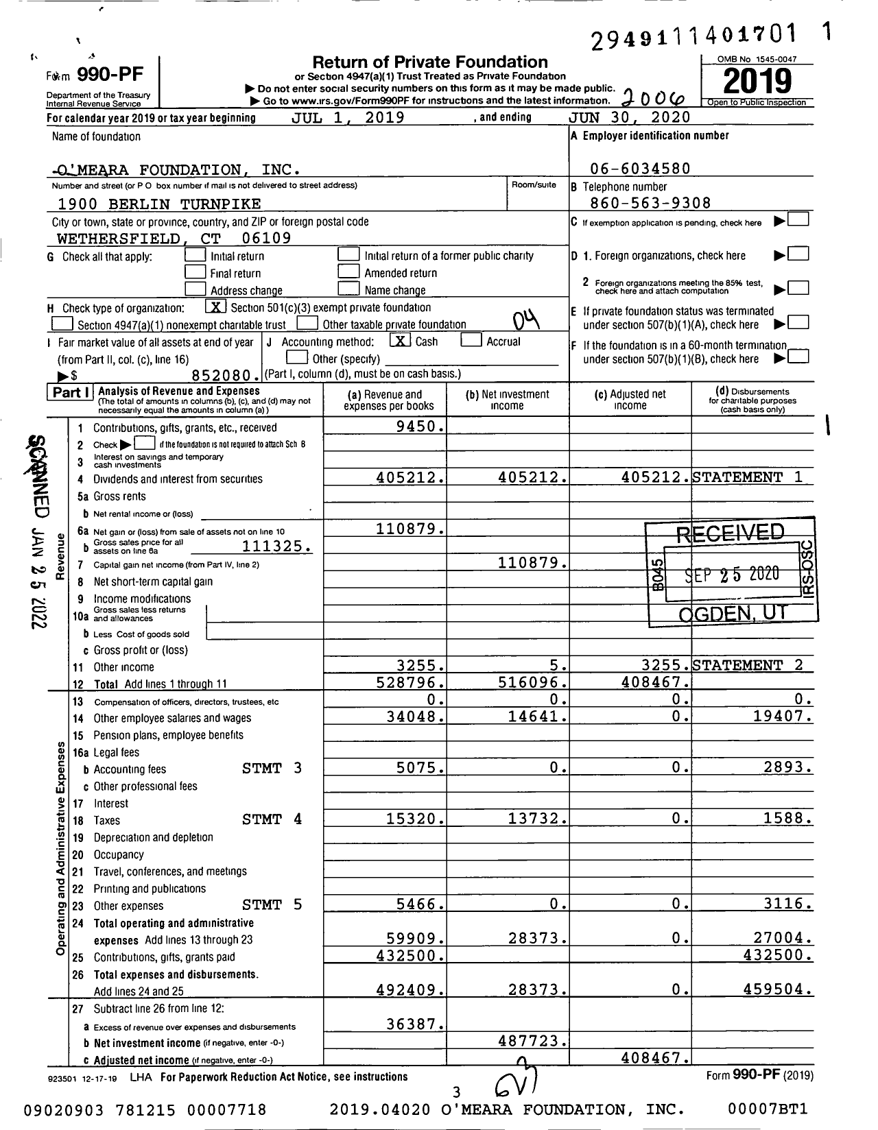 Image of first page of 2019 Form 990PF for O'Meara Foundation