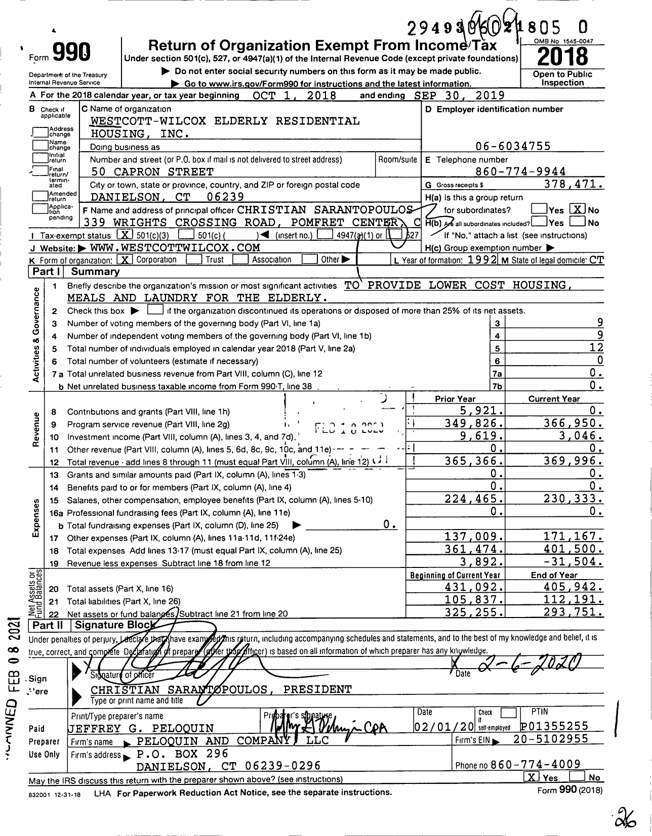 Image of first page of 2018 Form 990 for Westcott-Wilcox Elderly Residential Housing