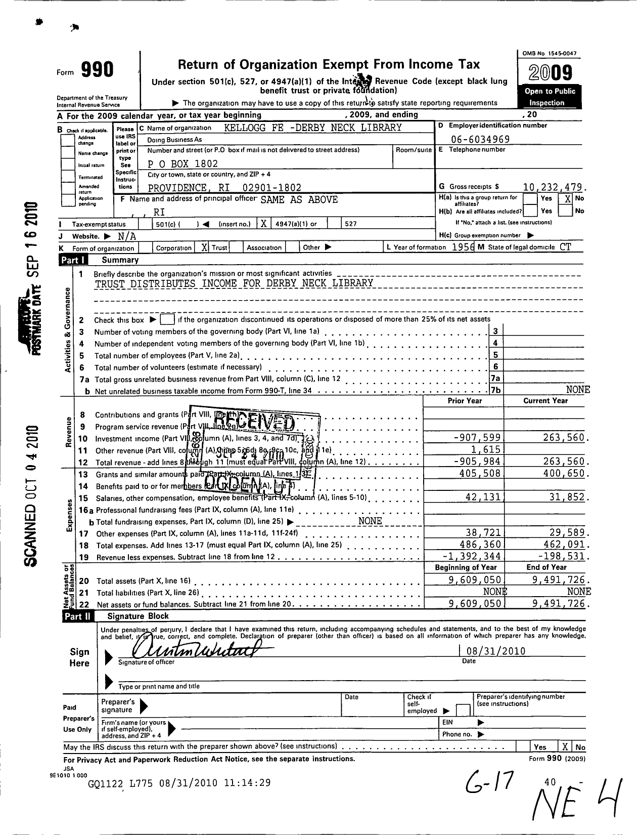 Image of first page of 2009 Form 990O for Kellogg Fe -derby Neck Library