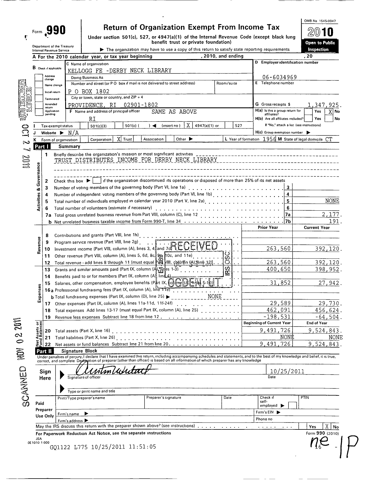 Image of first page of 2010 Form 990O for Kellogg Fe -derby Neck Library