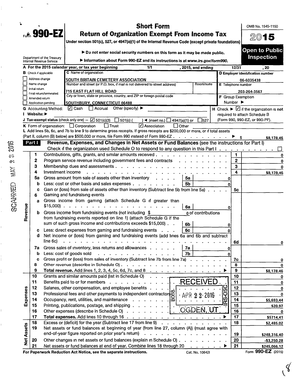 Image of first page of 2015 Form 990EZ for South Britain Cemetary Association