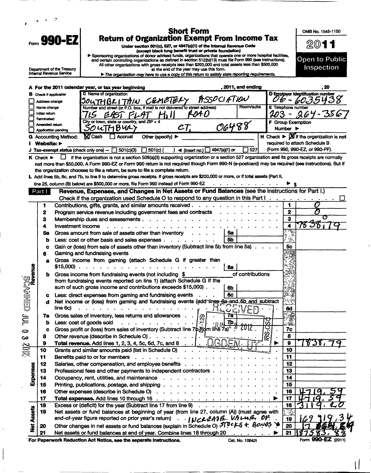 Image of first page of 2011 Form 990EO for South Britain Cemetary Association