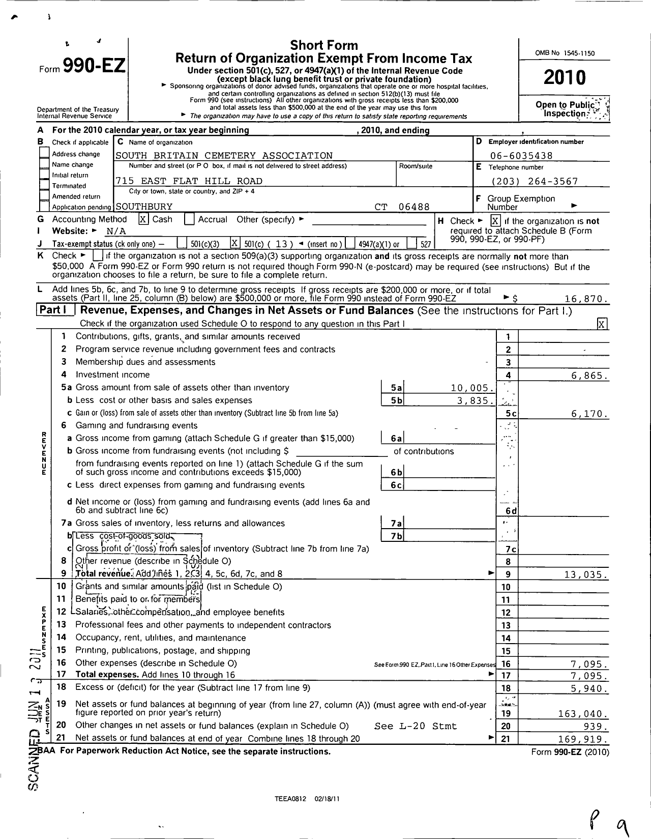 Image of first page of 2010 Form 990EO for South Britain Cemetary Association