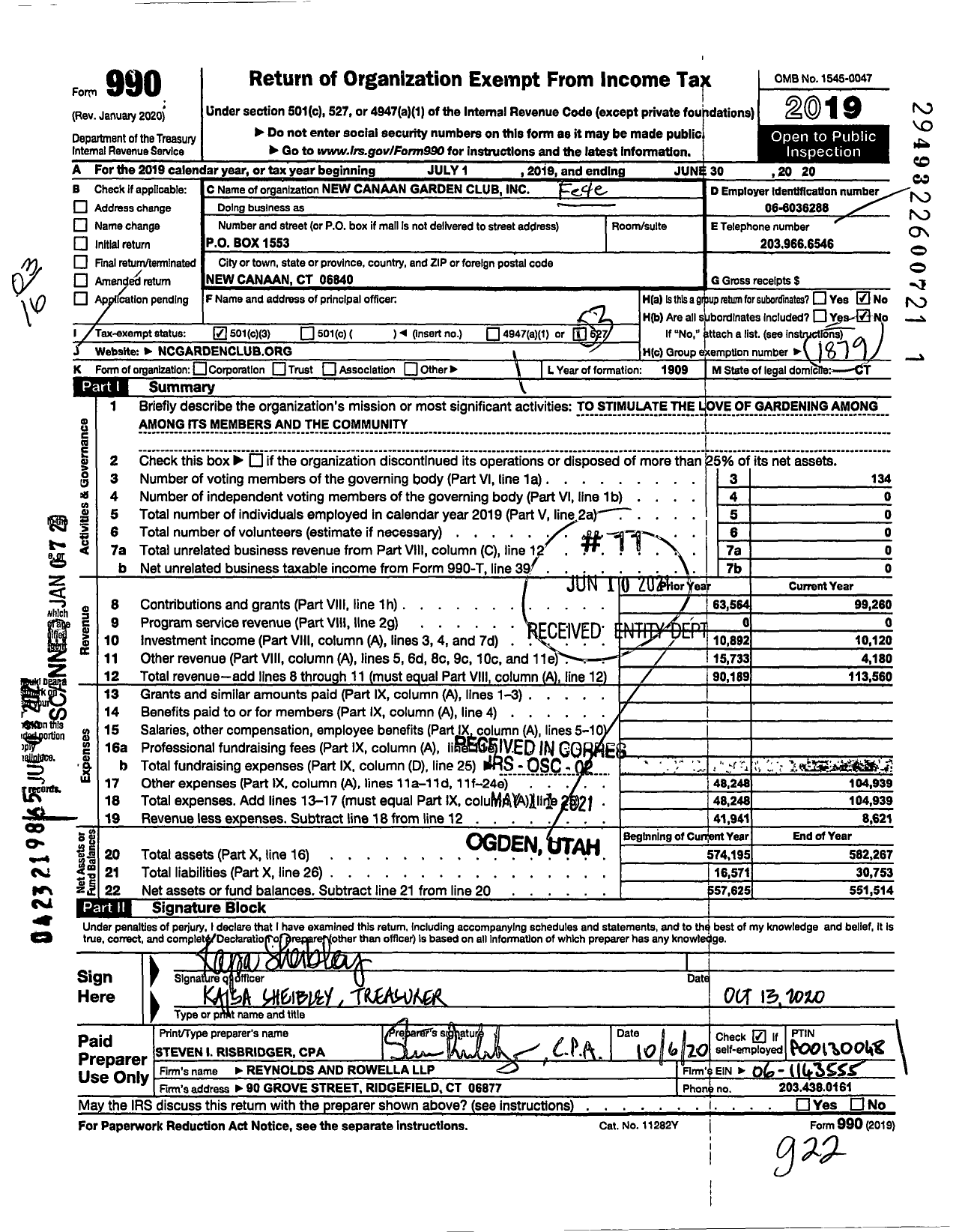 Image of first page of 2019 Form 990 for New Canaan Garden Club