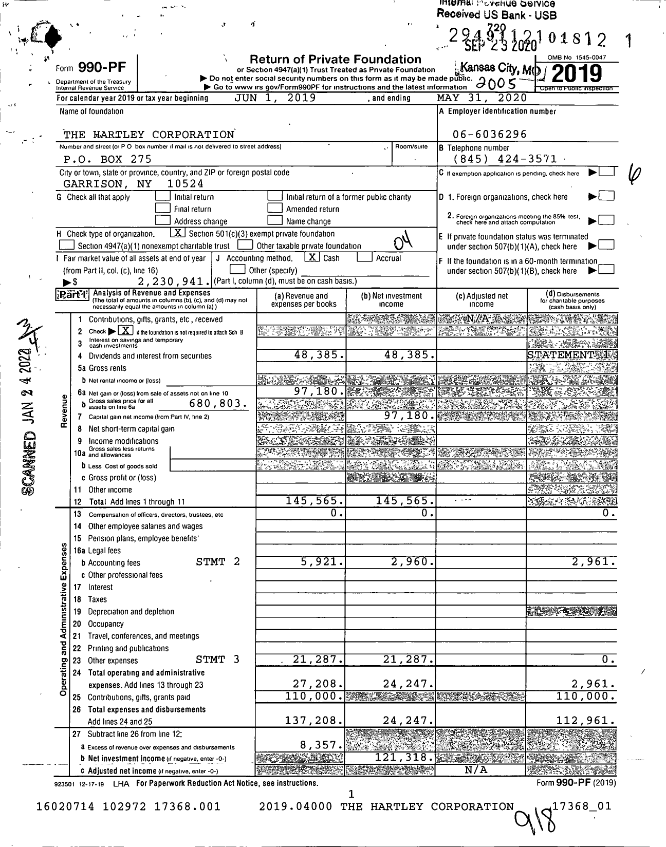 Image of first page of 2019 Form 990PF for The Hartley Corporation