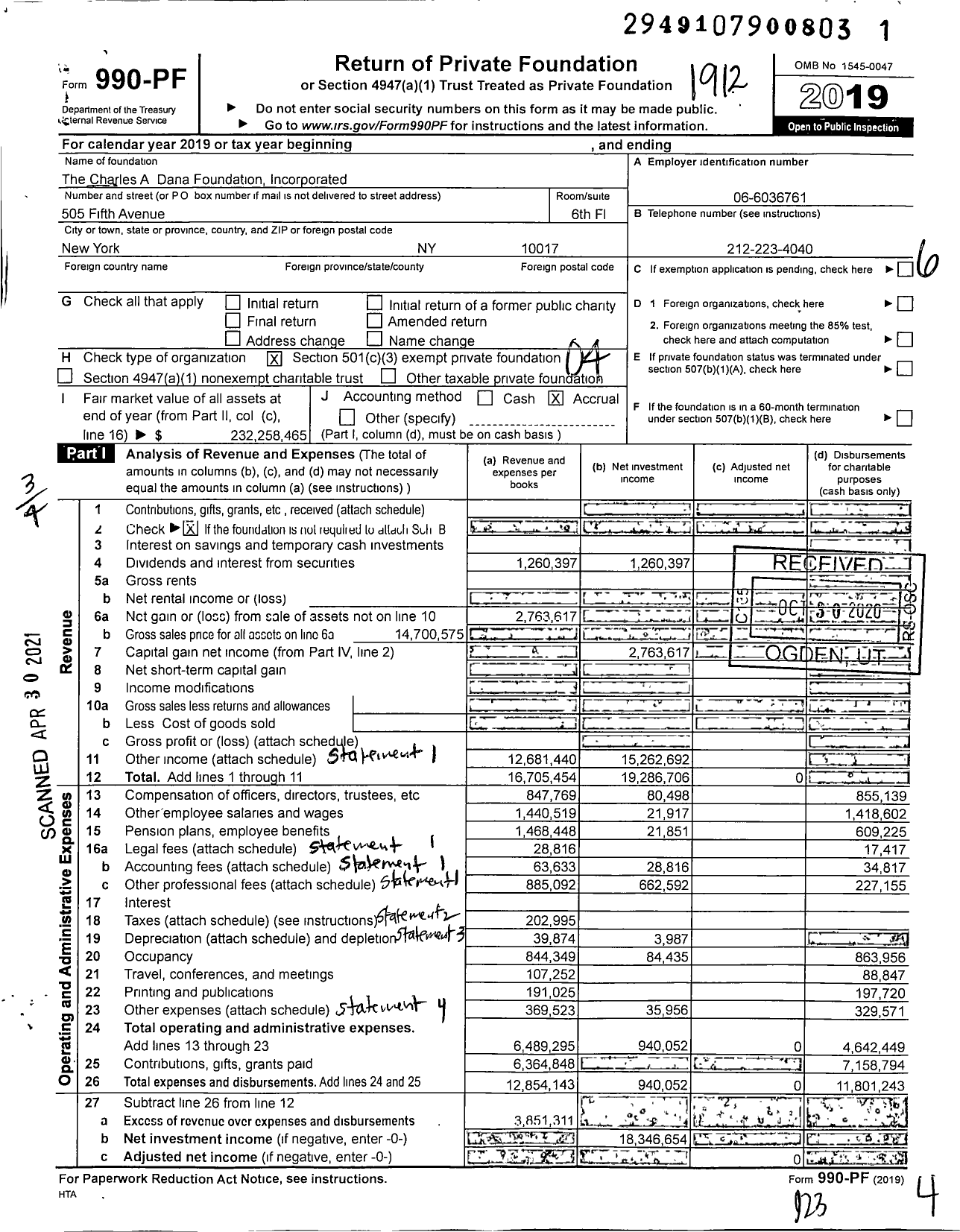 Image of first page of 2019 Form 990PF for The Dana Foundation