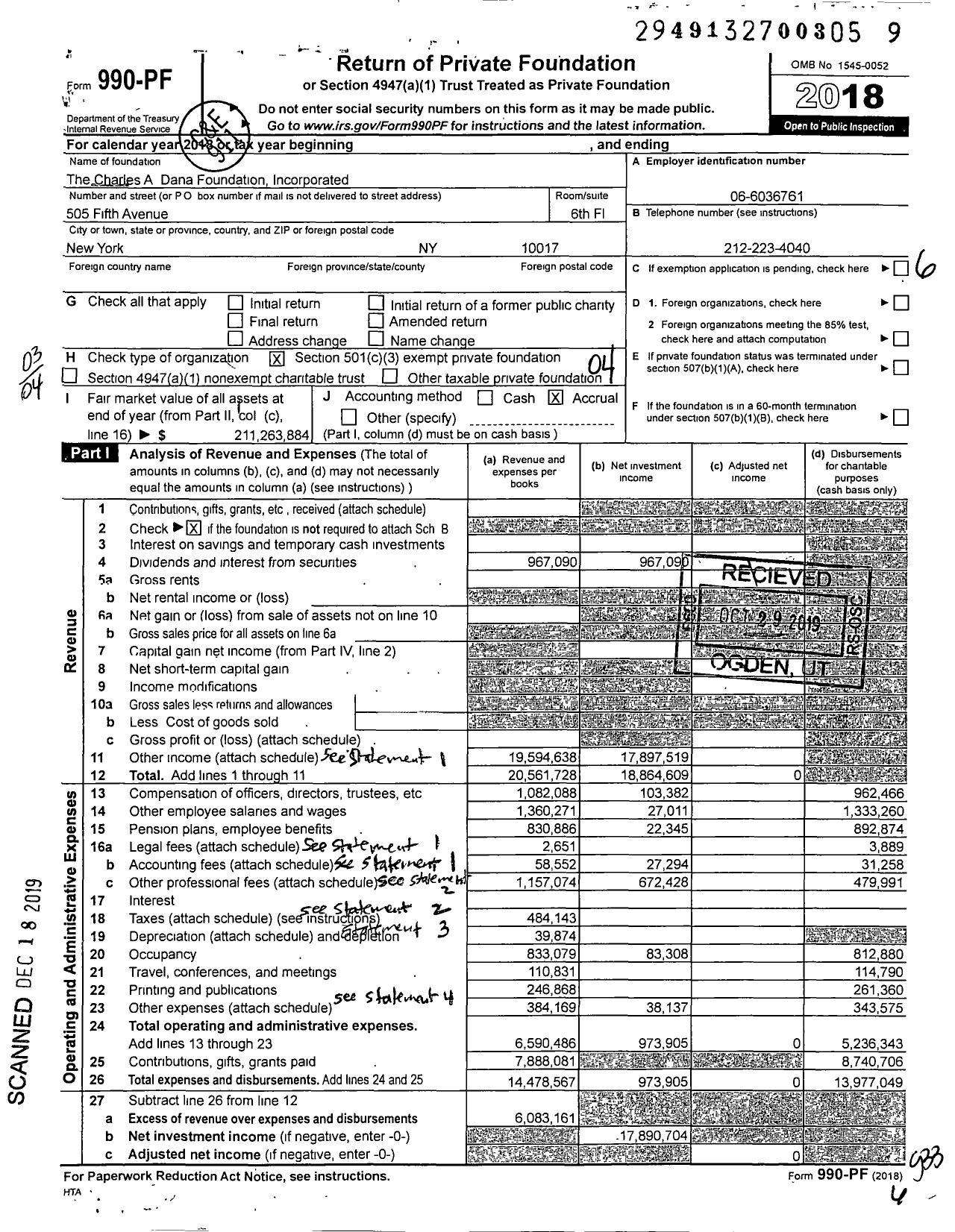 Image of first page of 2018 Form 990PF for The Dana Foundation