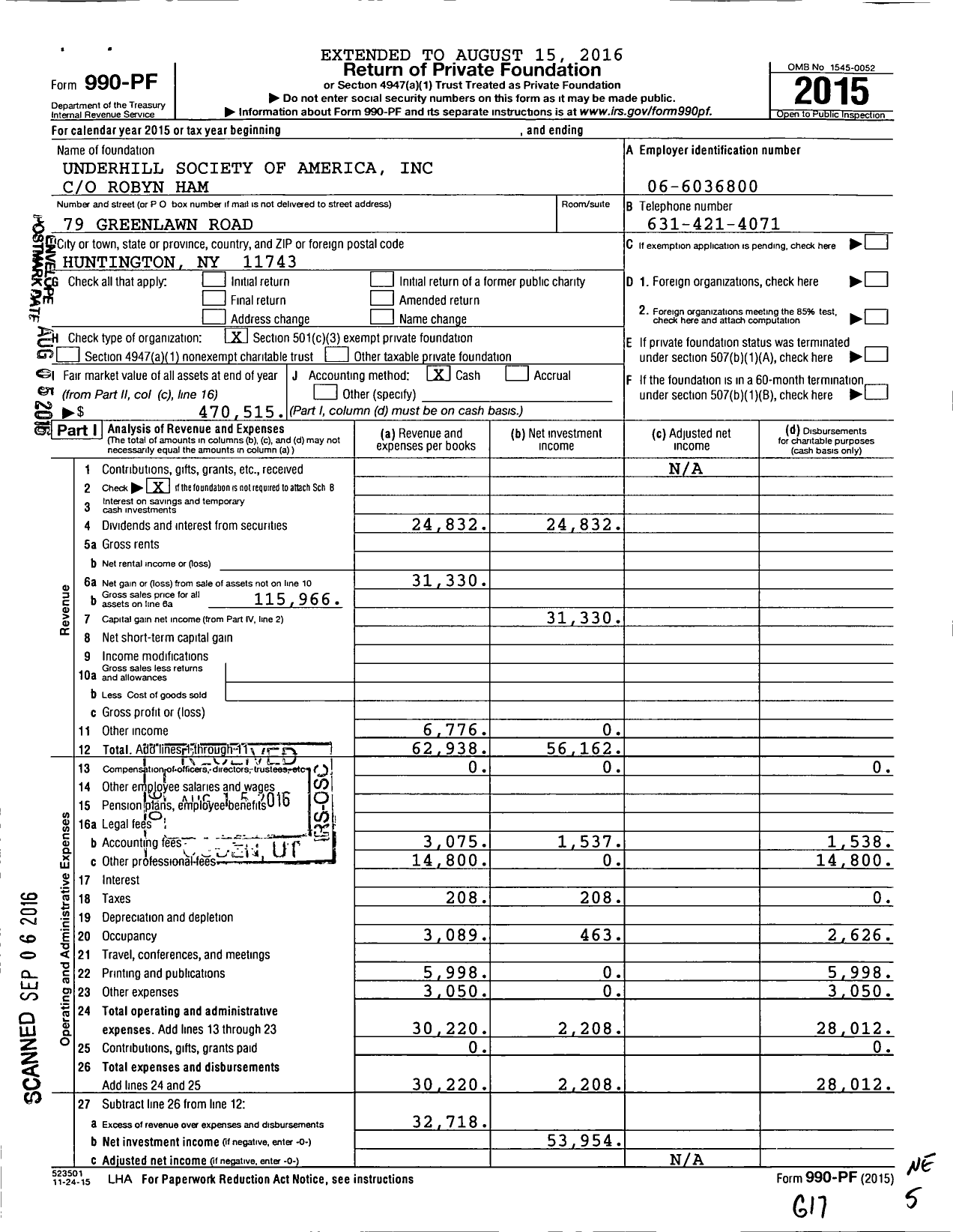 Image of first page of 2015 Form 990PF for Underhill Society of America