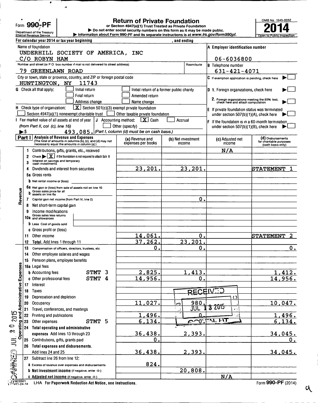 Image of first page of 2014 Form 990PF for Underhill Society of America