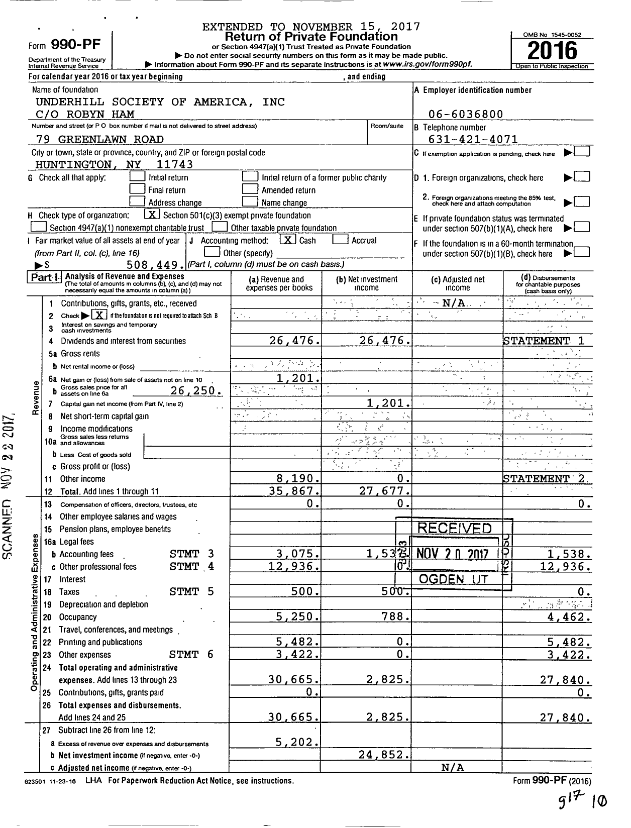 Image of first page of 2016 Form 990PF for Underhill Society of America