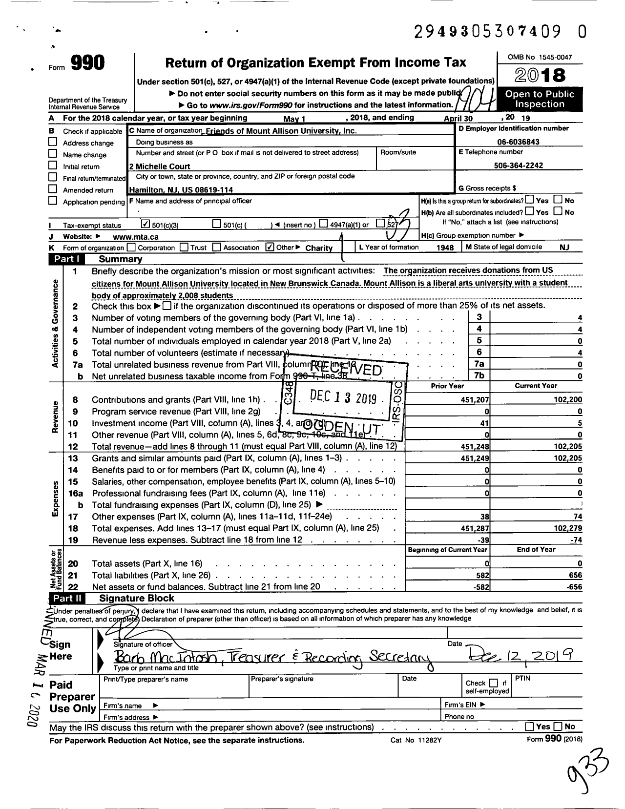 Image of first page of 2018 Form 990 for Friends of Mount Allison University 107 Westport Avenue