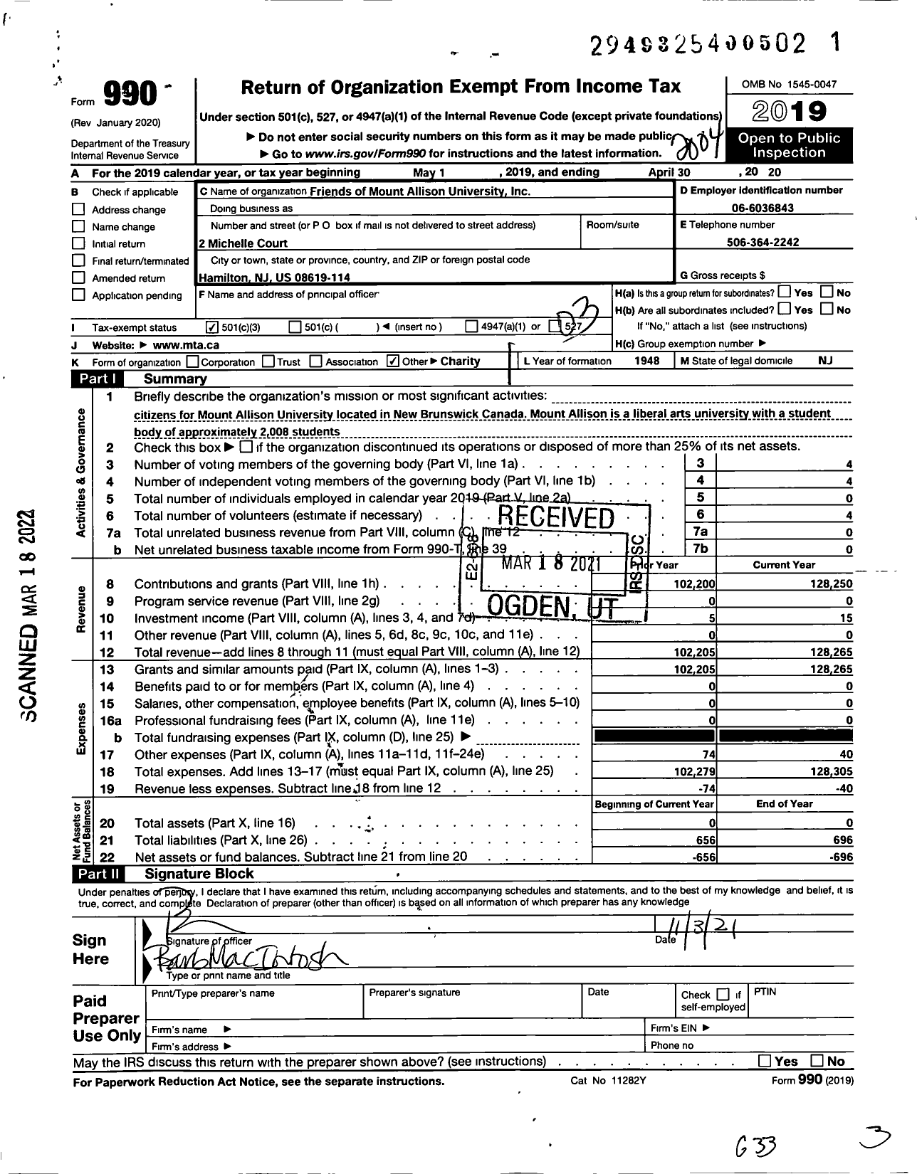 Image of first page of 2019 Form 990 for Friends of Mount Allison University 107 Westport Avenue