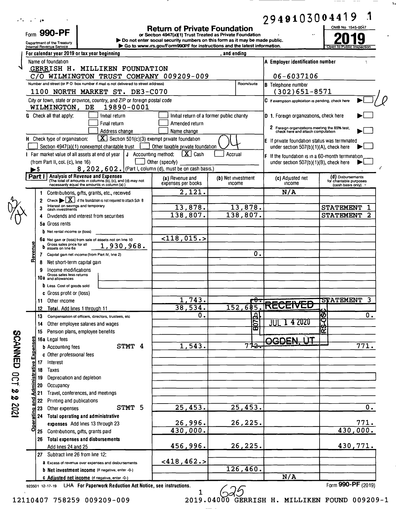 Image of first page of 2019 Form 990PF for Gerrish H Milliken Foundation 009209-009