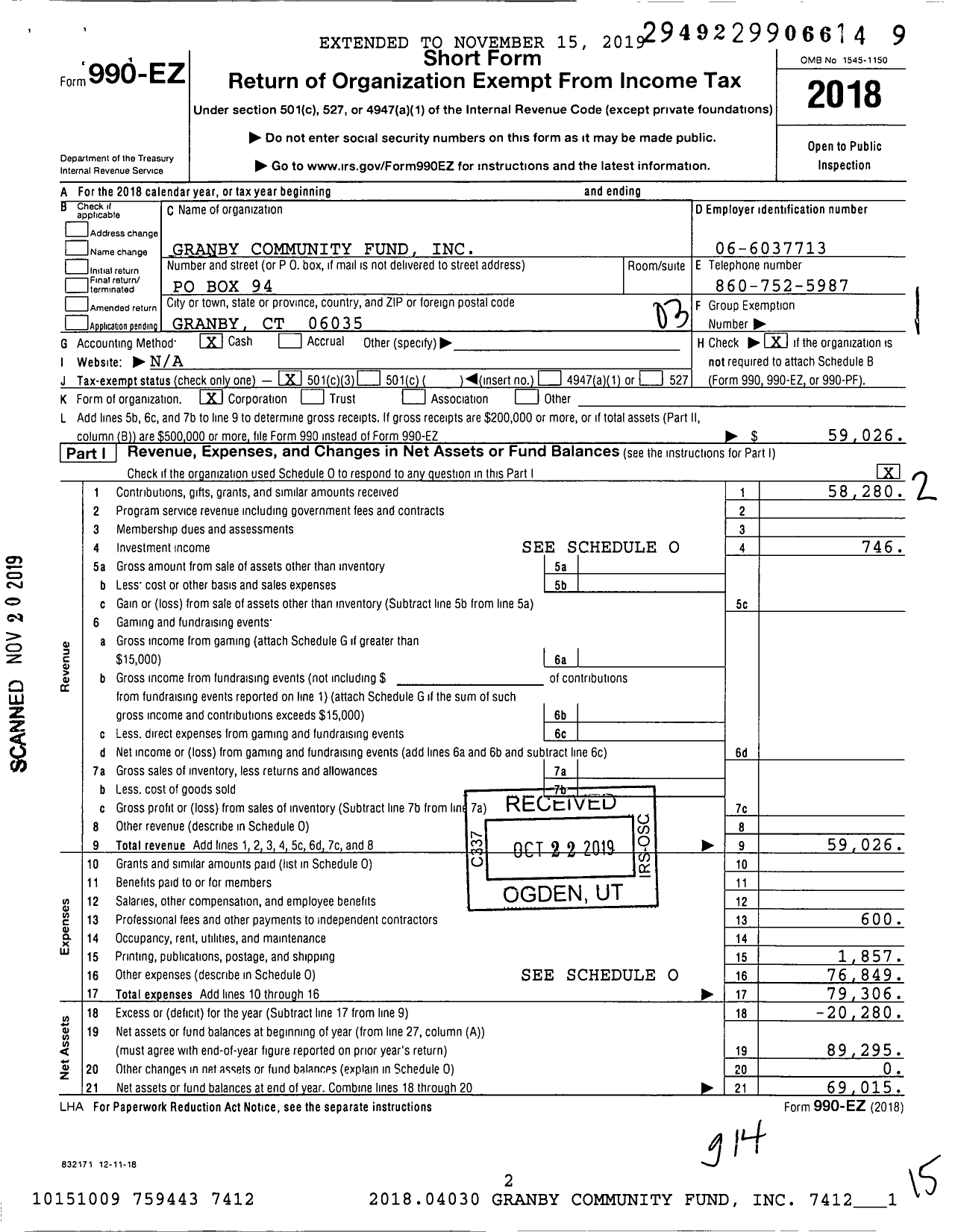 Image of first page of 2018 Form 990EZ for Granby Community Fund