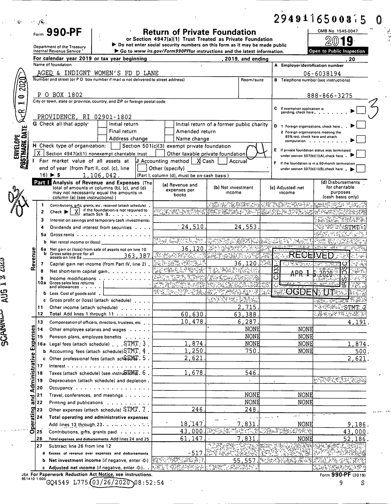 Image of first page of 2019 Form 990PR for Aged and Indignt Women's FD D Lane