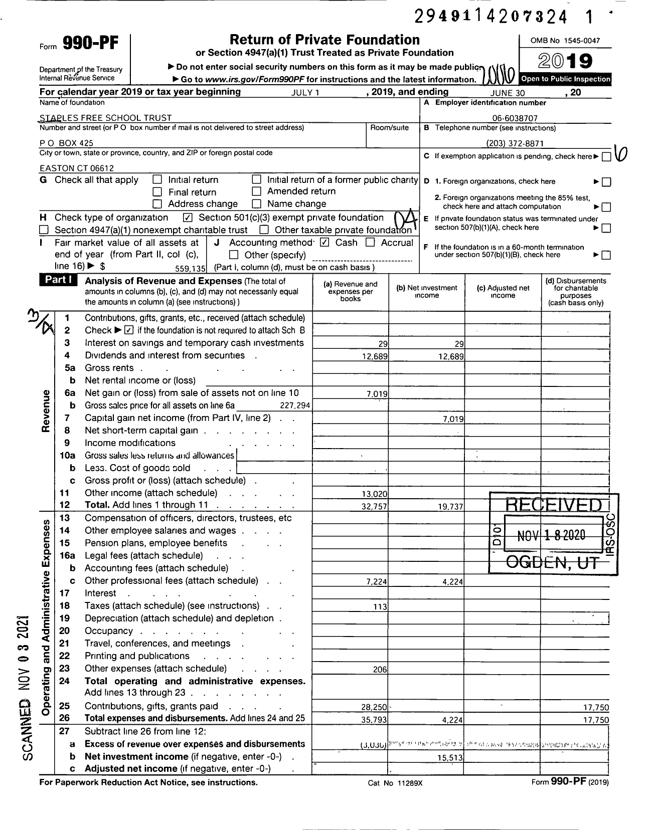 Image of first page of 2019 Form 990PF for Staples Free School Trust