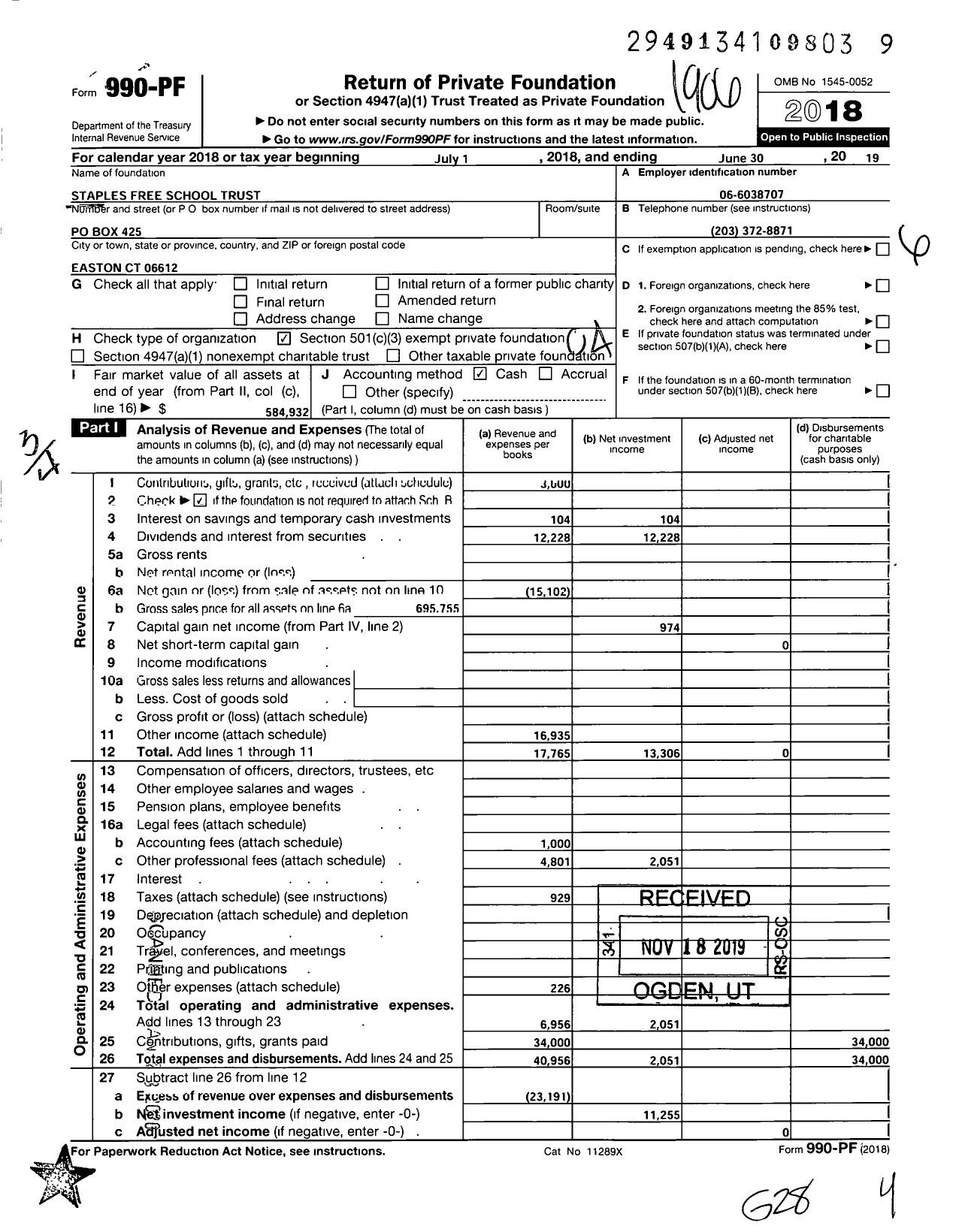 Image of first page of 2018 Form 990PF for Staples Free School Trust