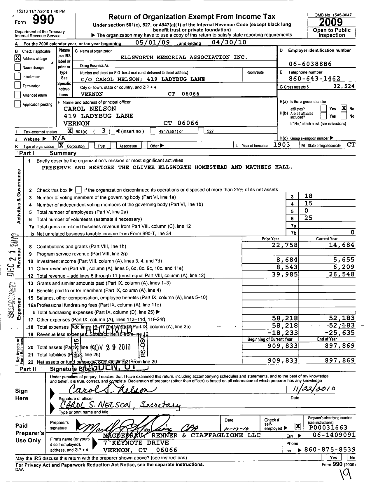 Image of first page of 2009 Form 990 for Ellsworth Memorial Association