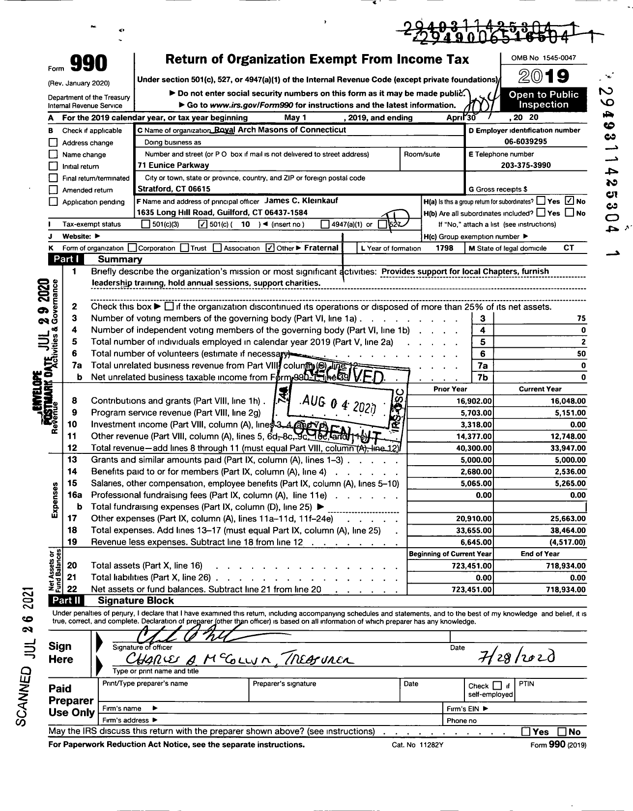 Image of first page of 2019 Form 990O for Royal Arch Masons of Connecticut