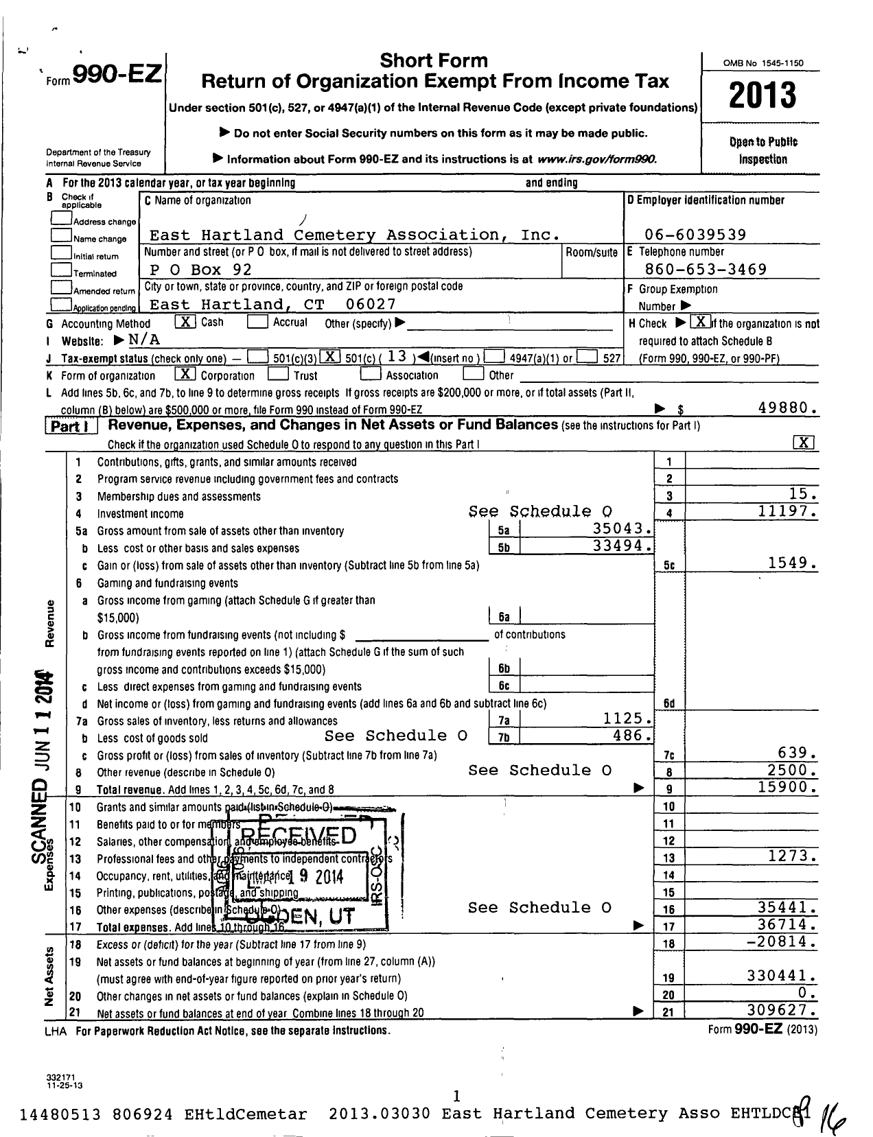 Image of first page of 2013 Form 990EO for East Hartland Cemetery Association