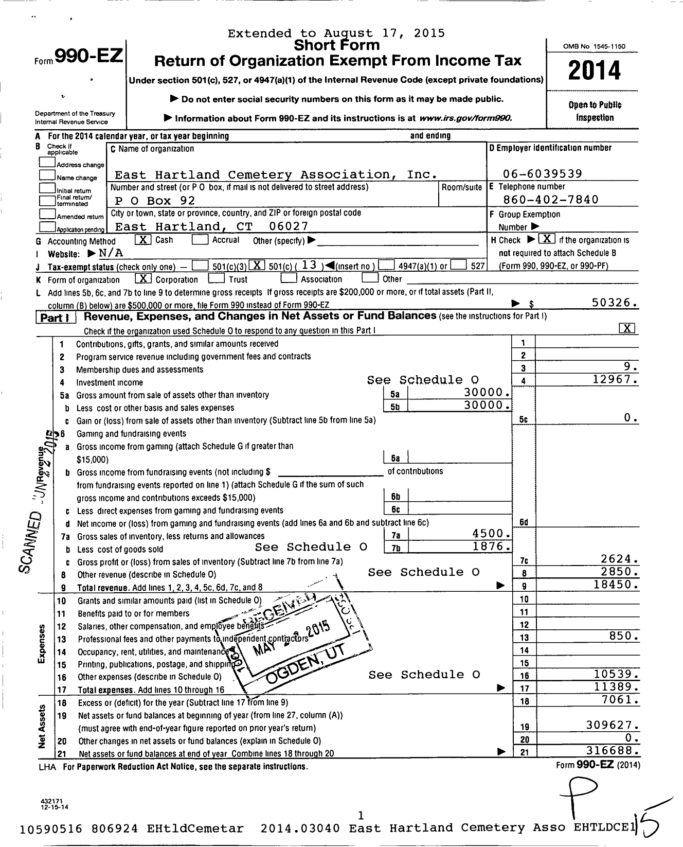 Image of first page of 2014 Form 990EO for East Hartland Cemetery Association