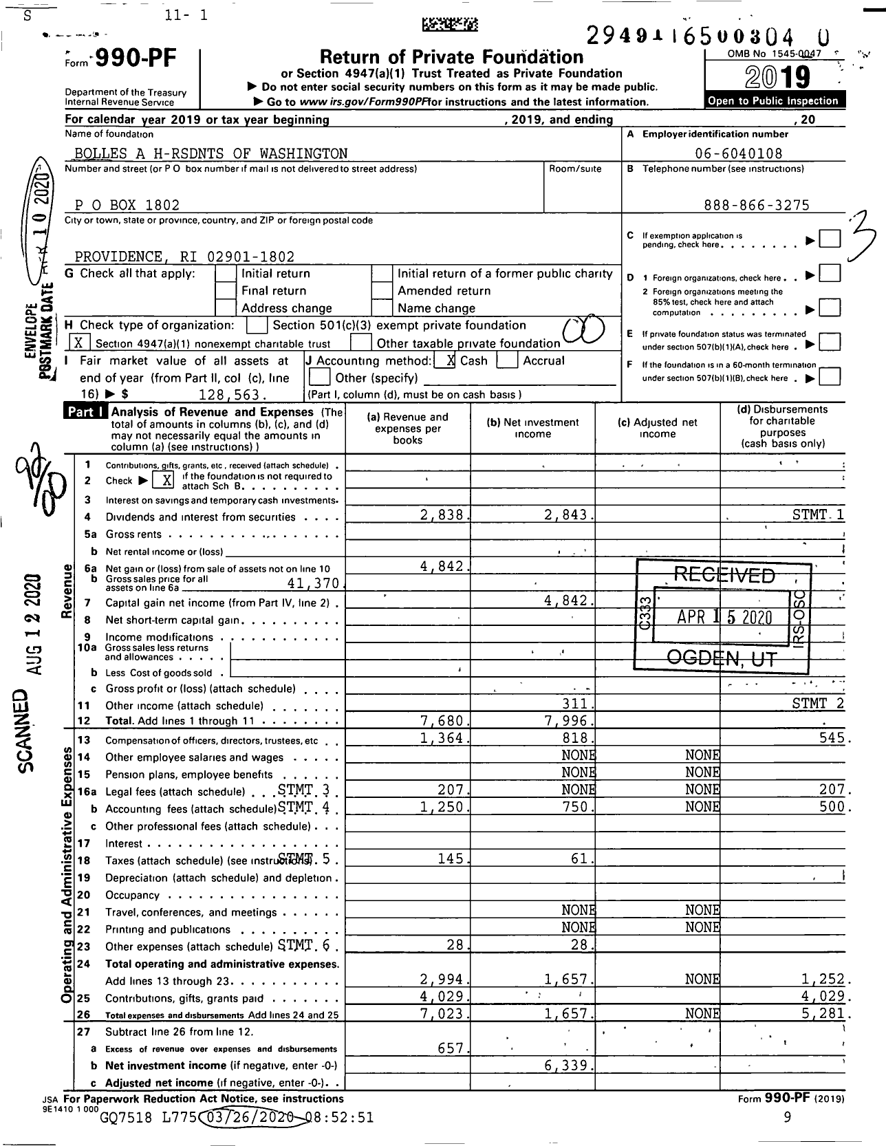 Image of first page of 2019 Form 990PR for Bolles A H-RSDNTS of Washington