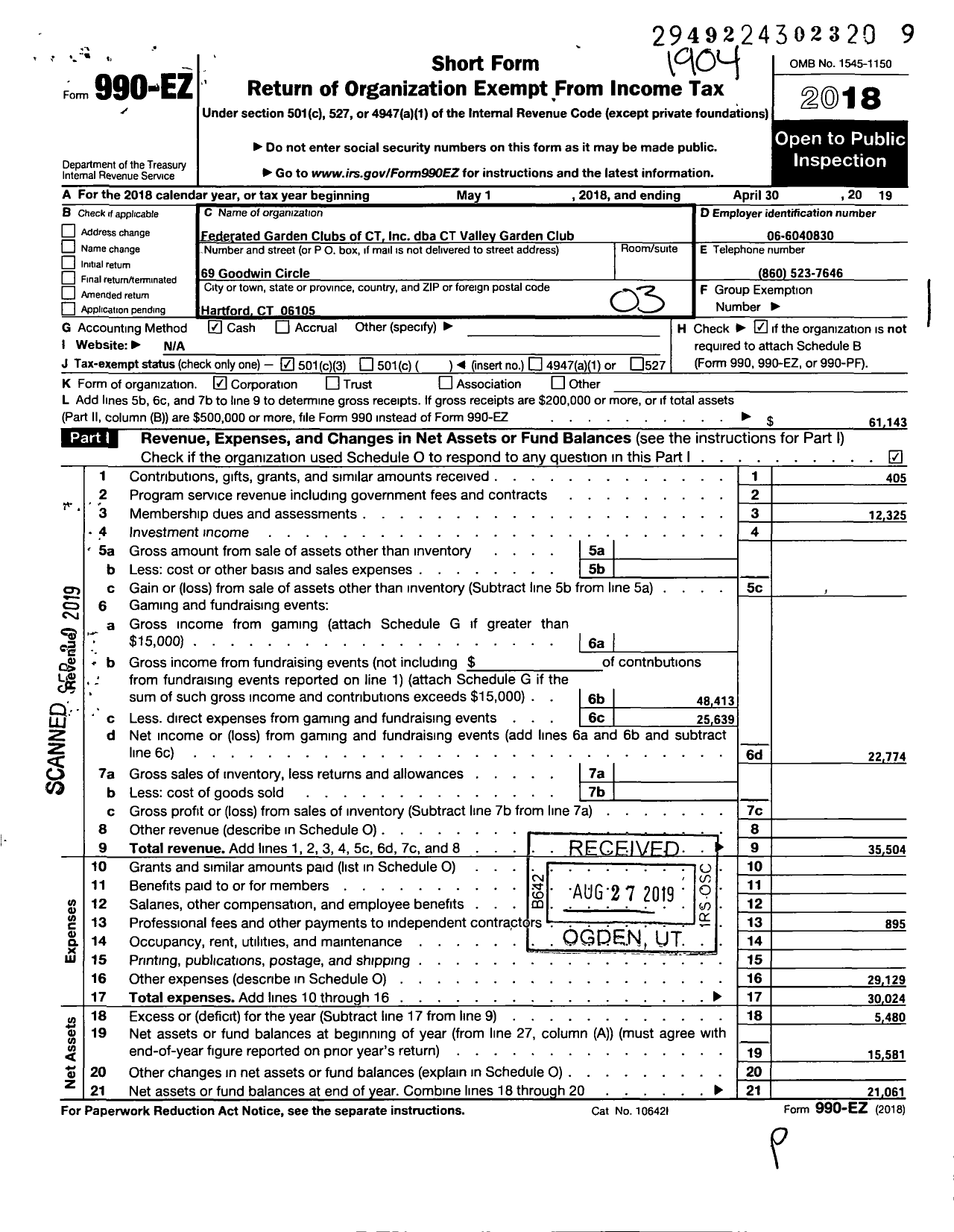 Image of first page of 2018 Form 990EZ for Federated Garden Clubs of Connecticut / Connecticut Valley Garden Club