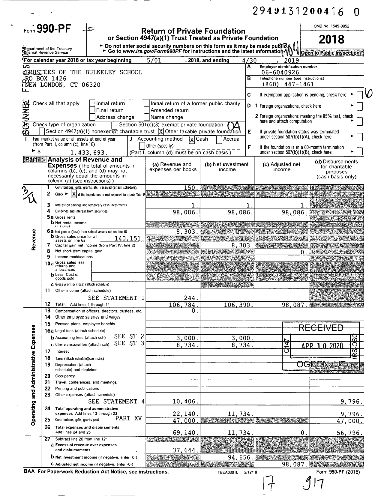 Image of first page of 2018 Form 990PF for Trustees of the Bulkeley School