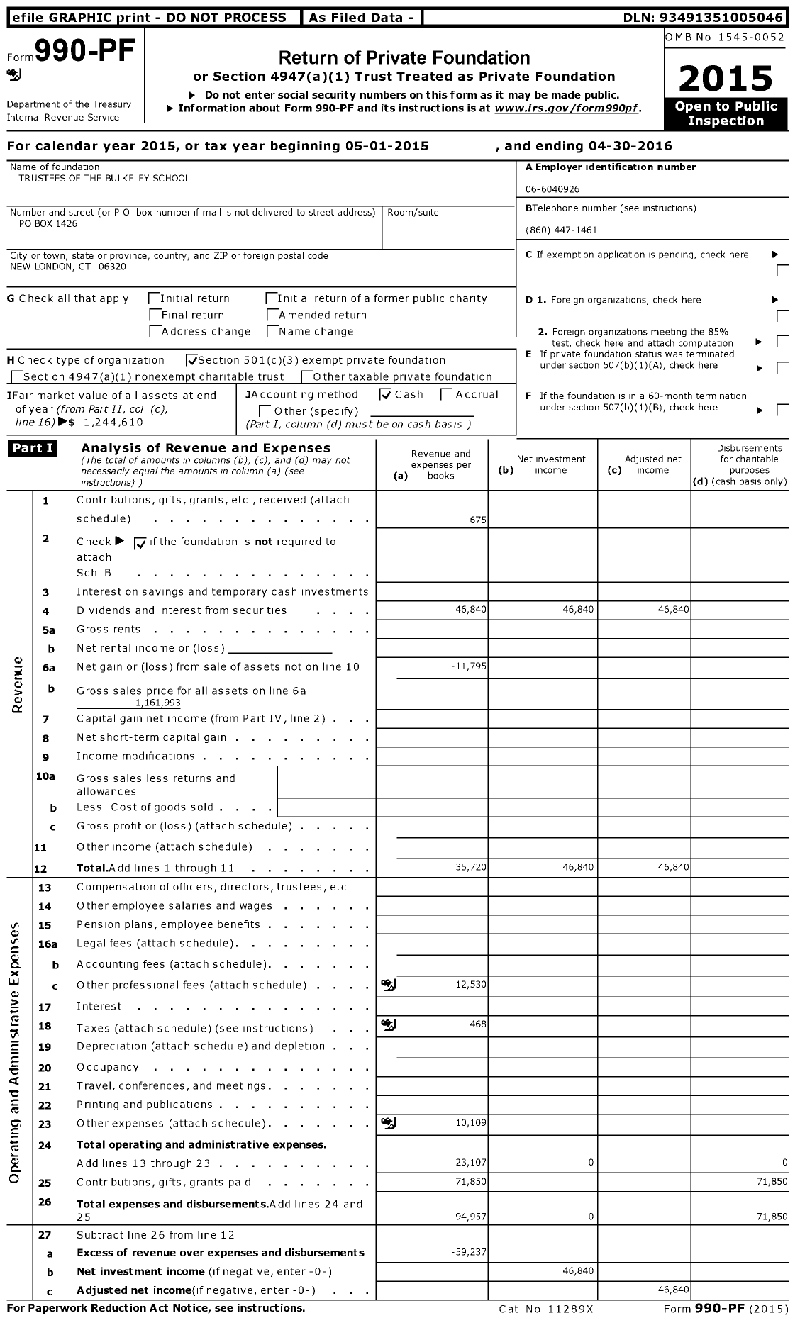 Image of first page of 2015 Form 990PF for Trustees of the Bulkeley School