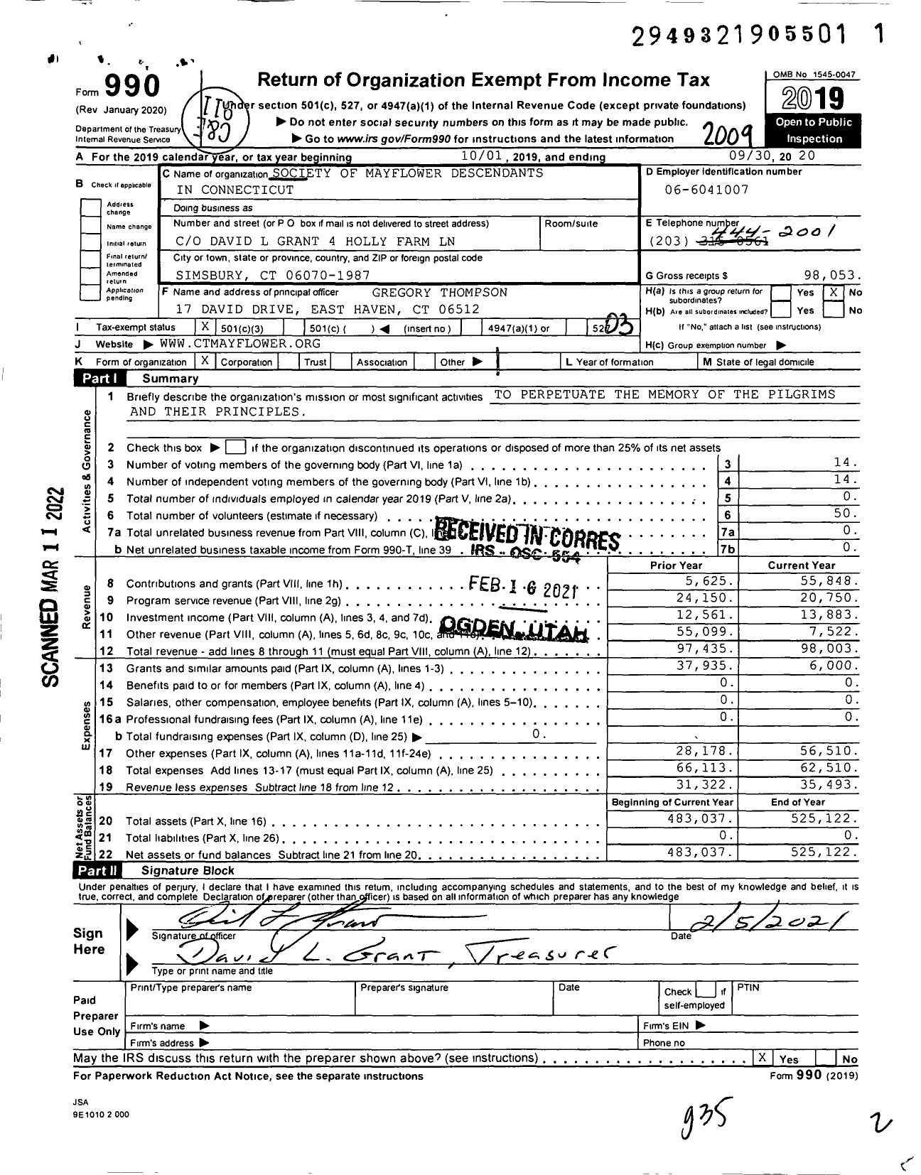 Image of first page of 2019 Form 990 for Society of Mayflower Descendants in Connecticut