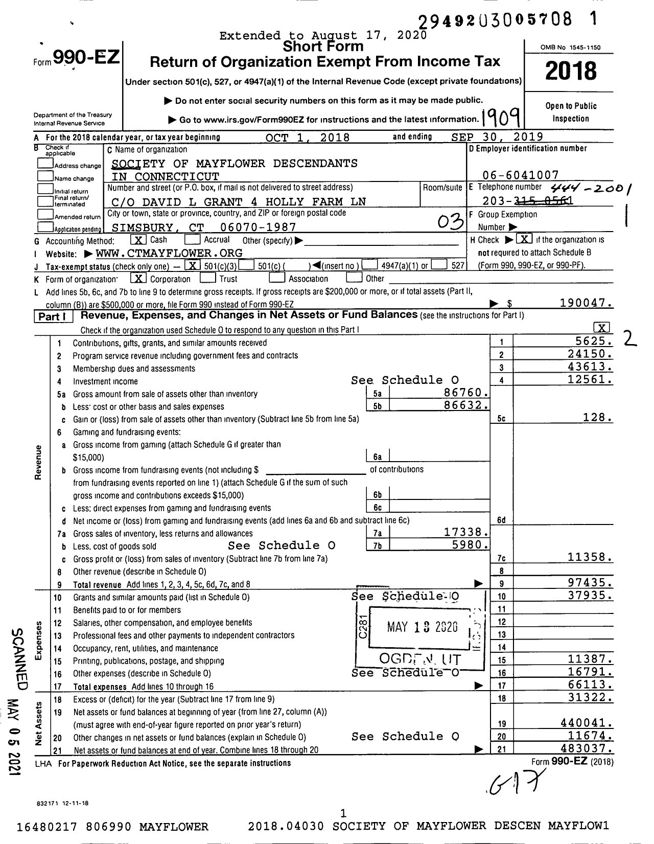 Image of first page of 2018 Form 990EZ for Society of Mayflower Descendants in Connecticut