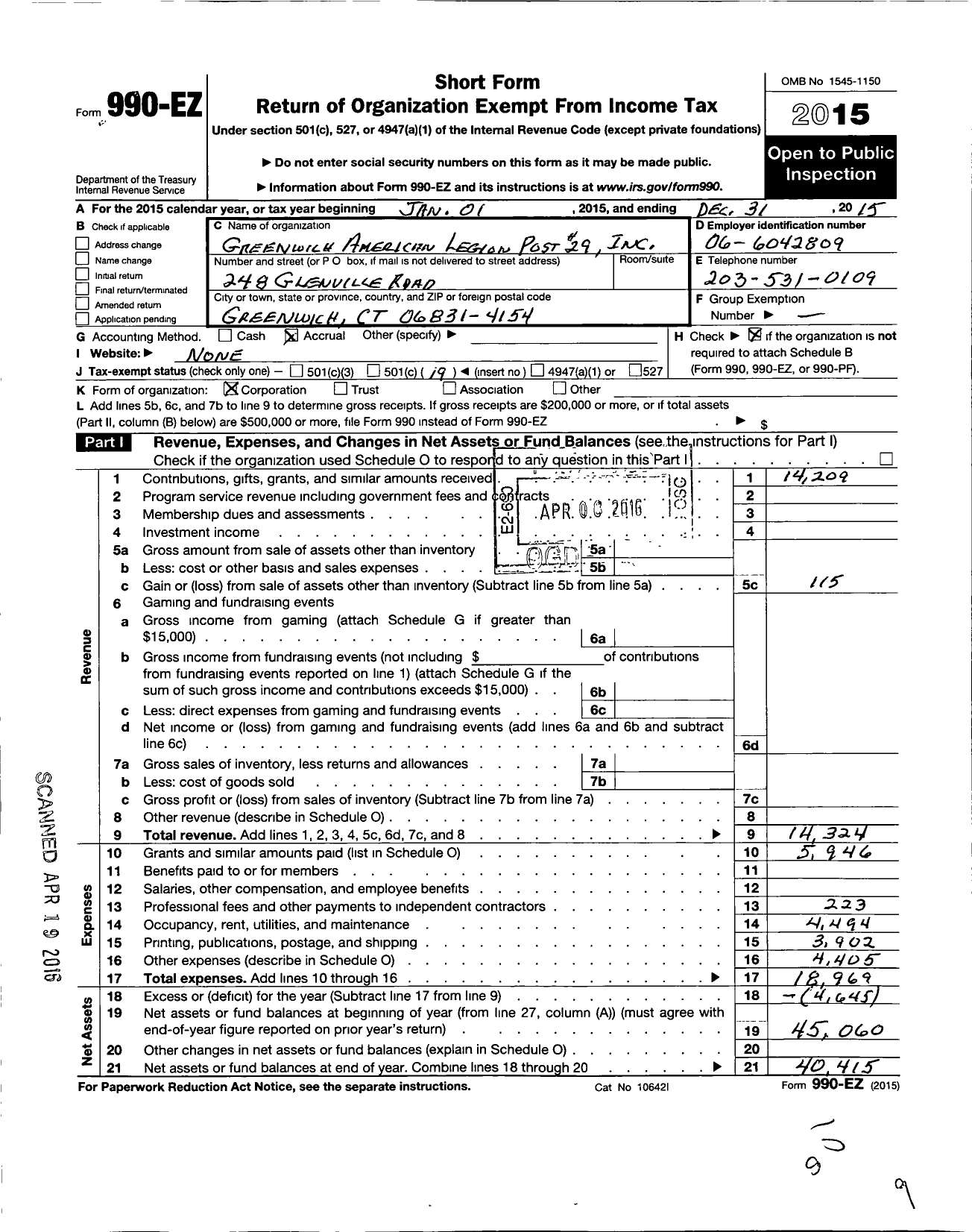 Image of first page of 2015 Form 990EO for American Legion - 29 Greenwich