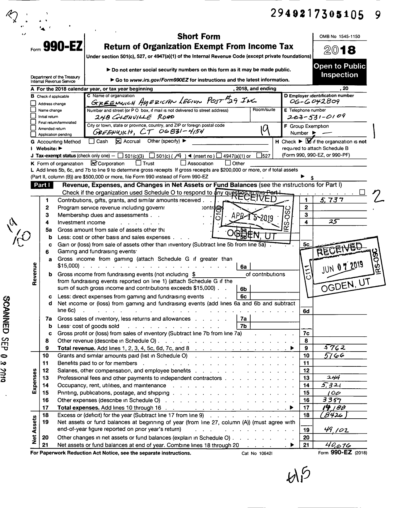 Image of first page of 2018 Form 990EO for American Legion - 29 Greenwich