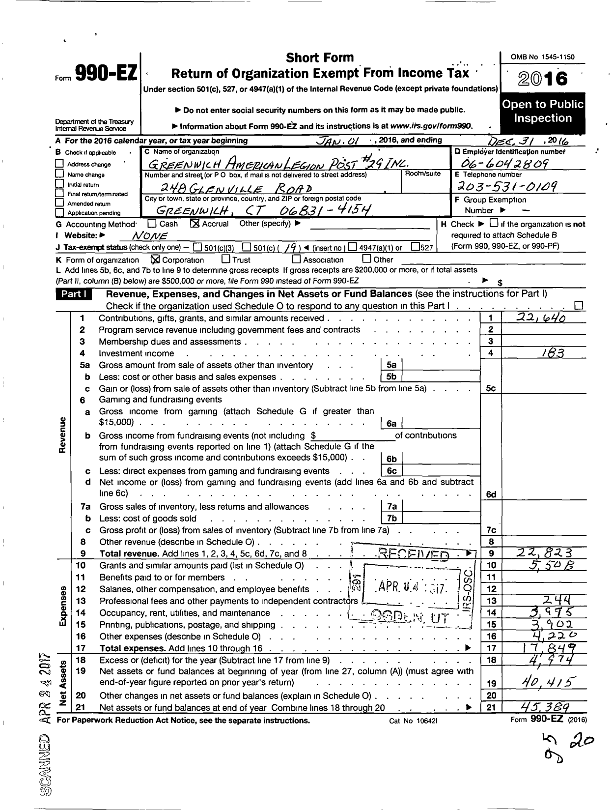 Image of first page of 2016 Form 990EO for American Legion - 29 Greenwich