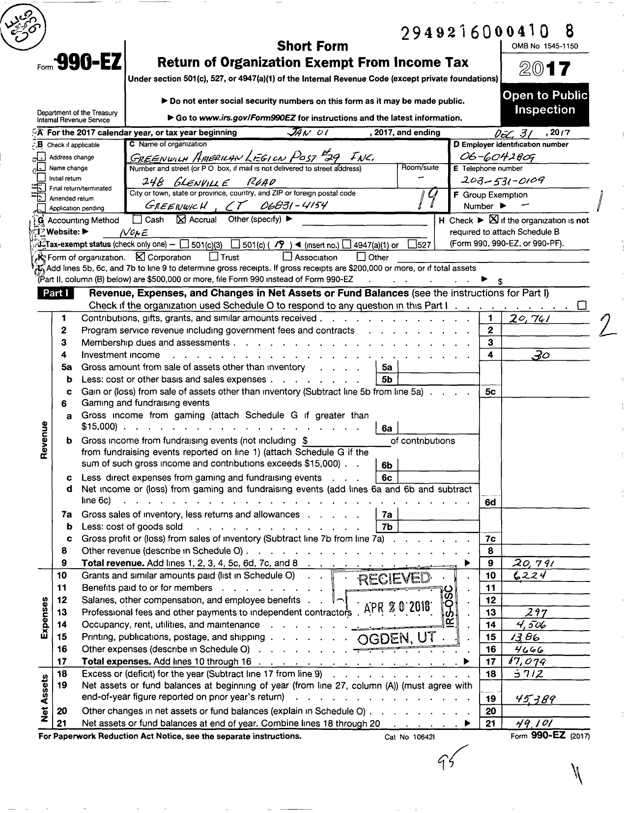 Image of first page of 2017 Form 990EO for American Legion - 29 Greenwich